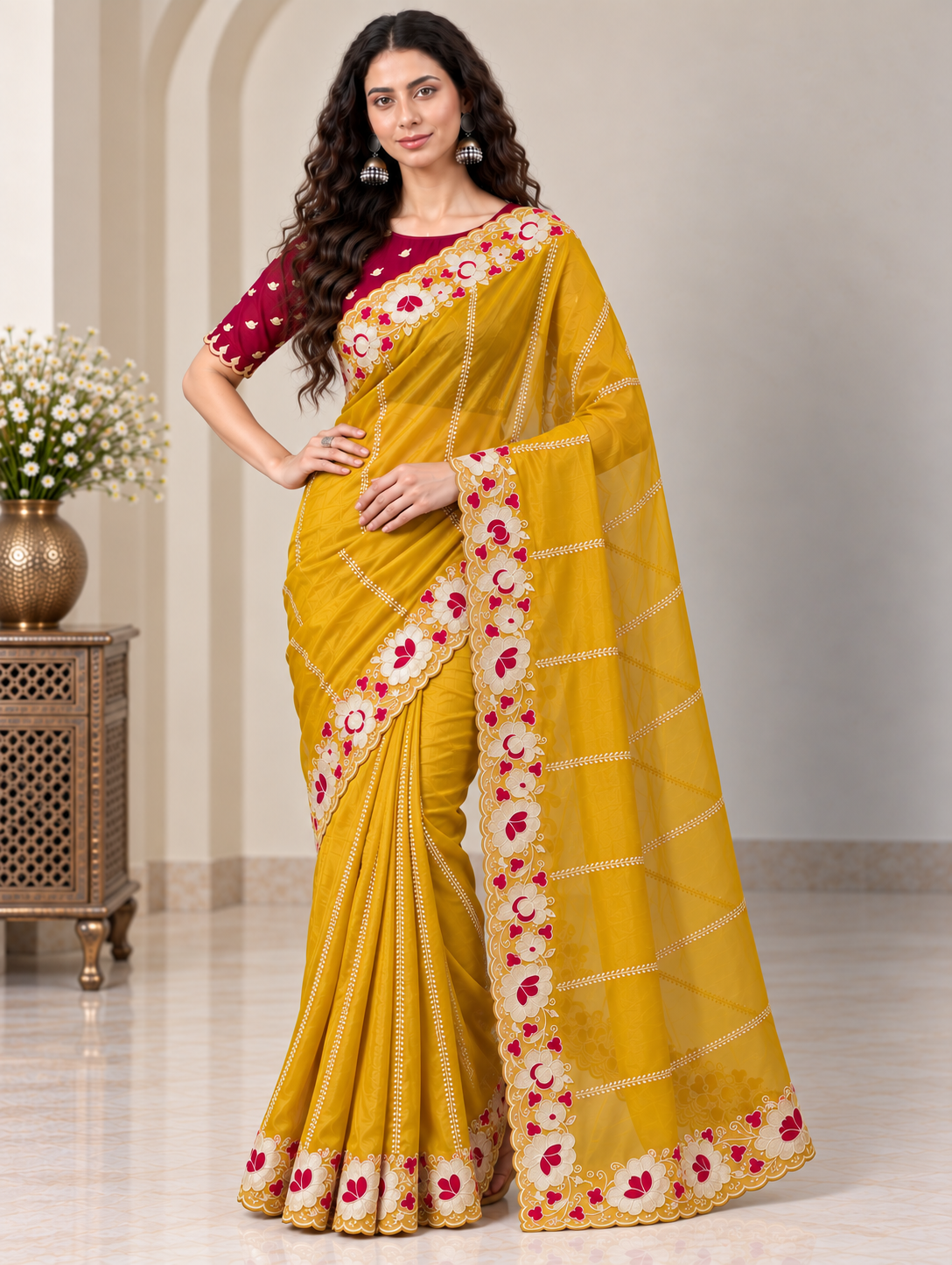 Zegoom Yellow Satin Silk Saree with Floral Embroidery & Scalloped Border