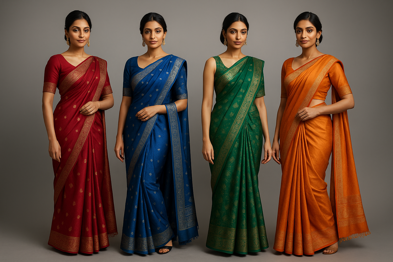 create a zegoom saree photo with 4 ladies wear saree