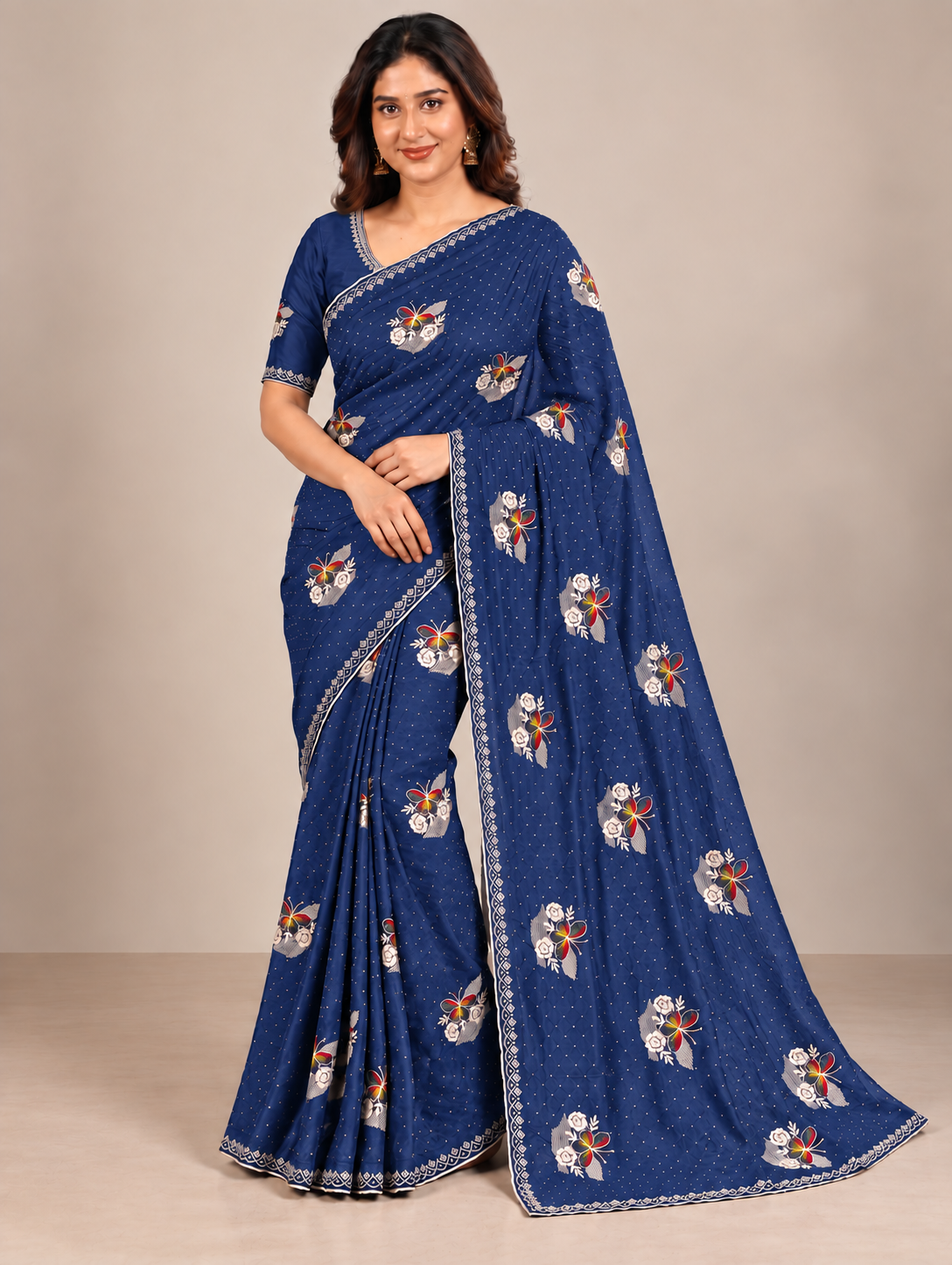 Party Wear Navy Blue Saree with Floral Embroidery and Stone Work Border