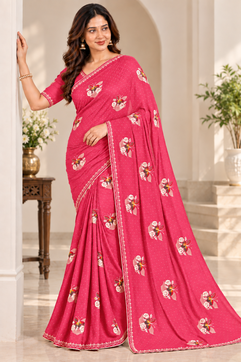 Pink Jimmy Choo Saree with Multicolor Floral Embroidery & Stone Work Lace Border