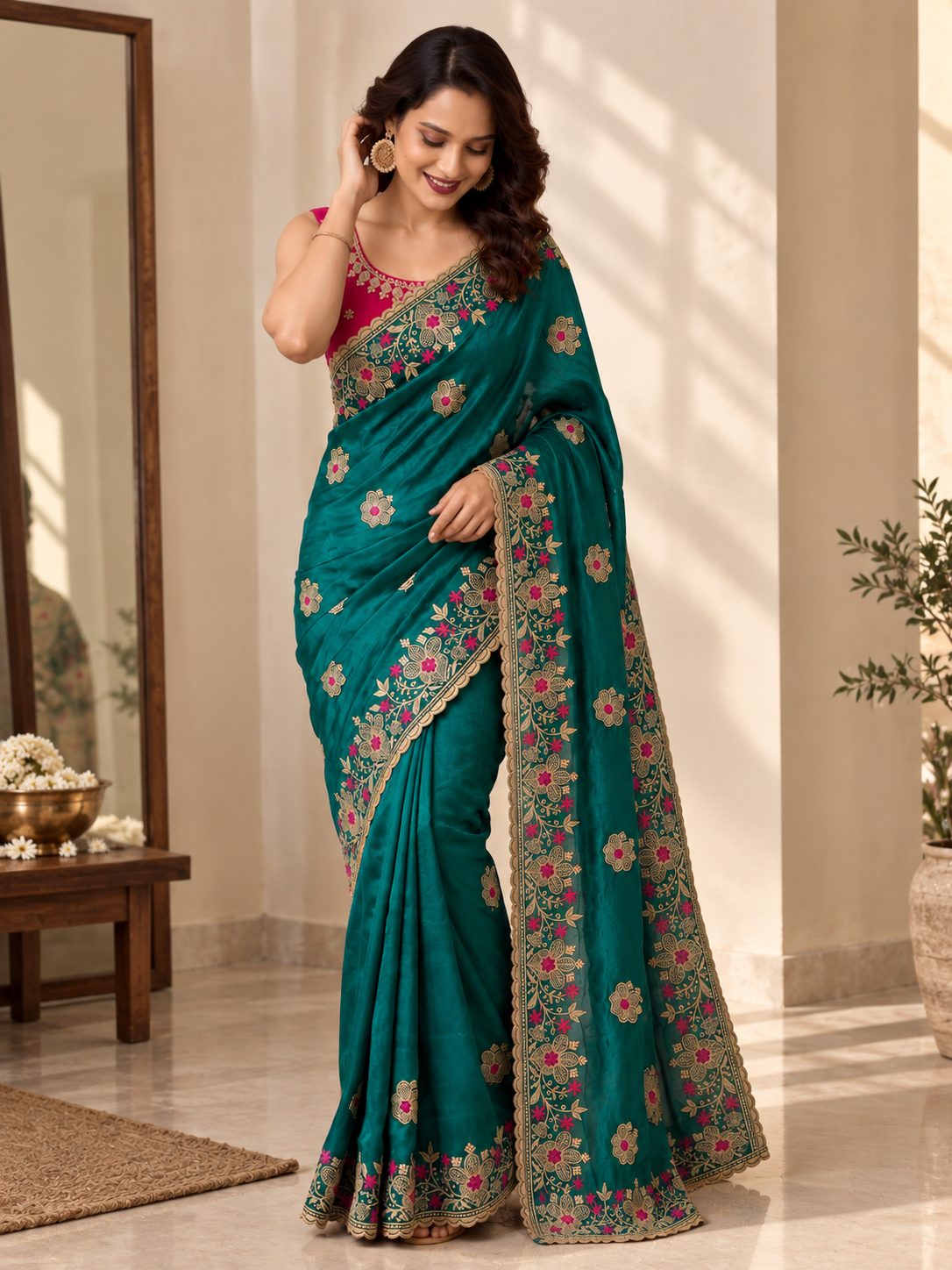 Designer Green Saree with Floral Embroidery and Zari Work