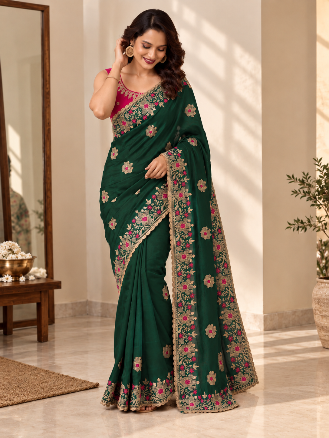 Designer Green Saree with Floral Embroidery and Zari Work