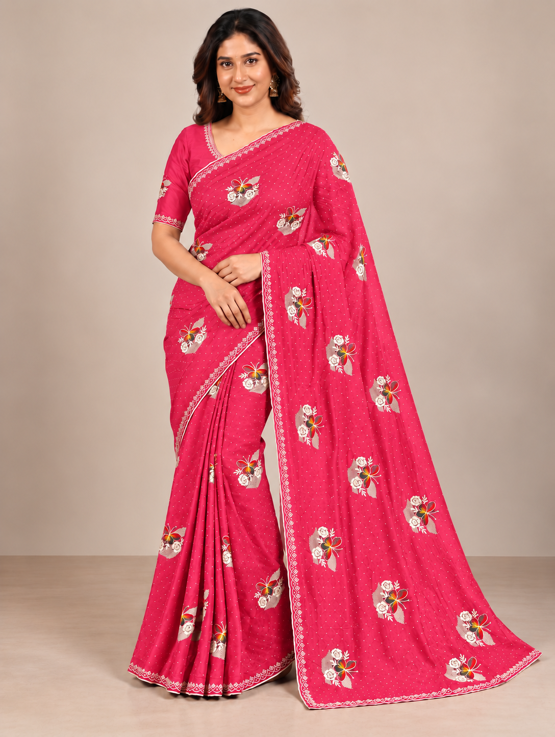Pink Jimmy Choo Saree with Multicolor Floral Embroidery & Stone Work Lace Border