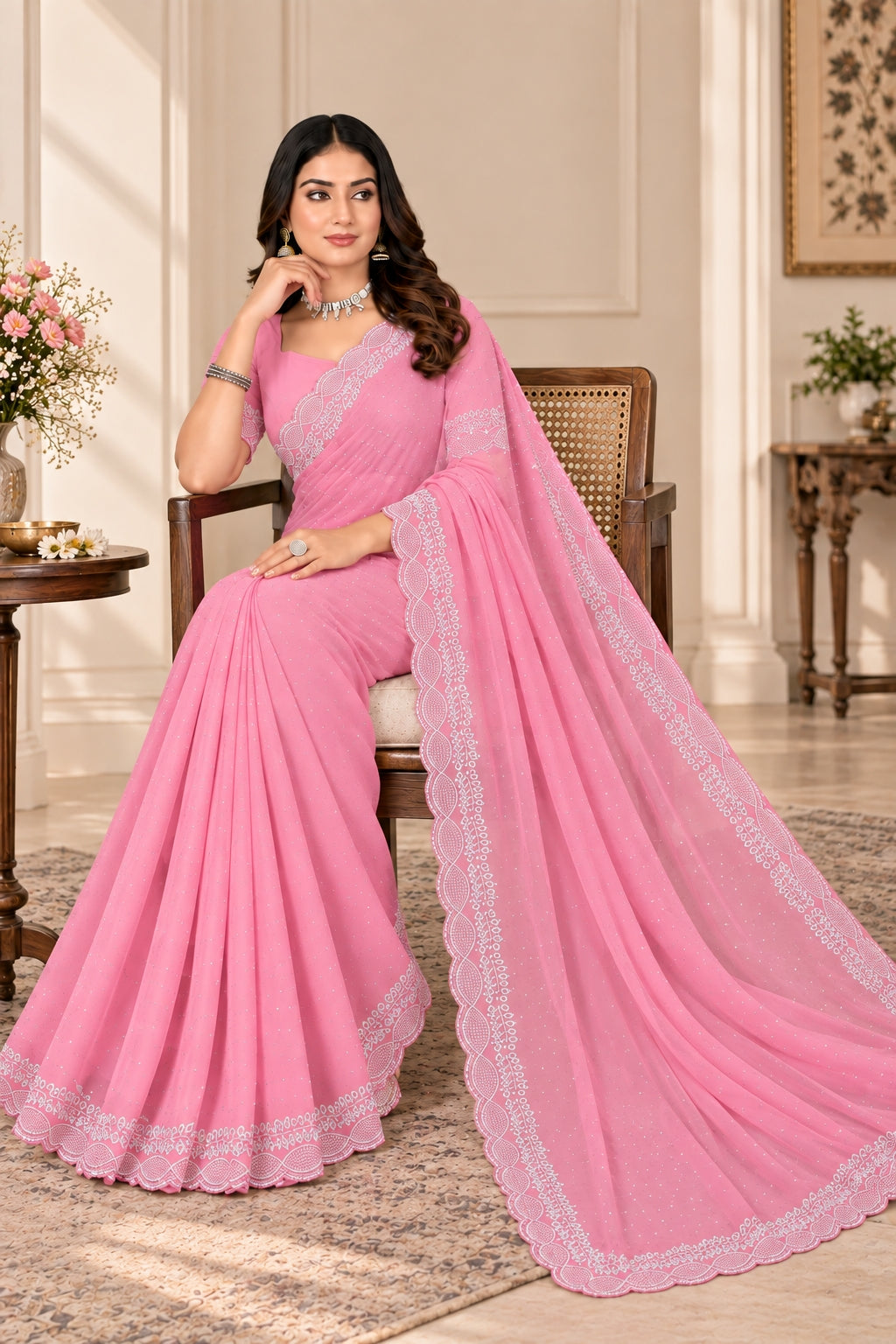Pink Stone Work Georgette Saree with Embroidered Lace Border