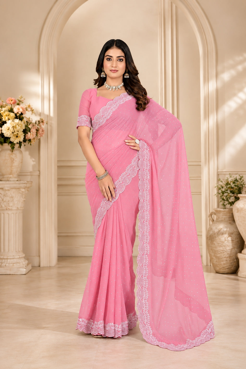 Pink Stone Work Georgette Saree with Embroidered Lace Border