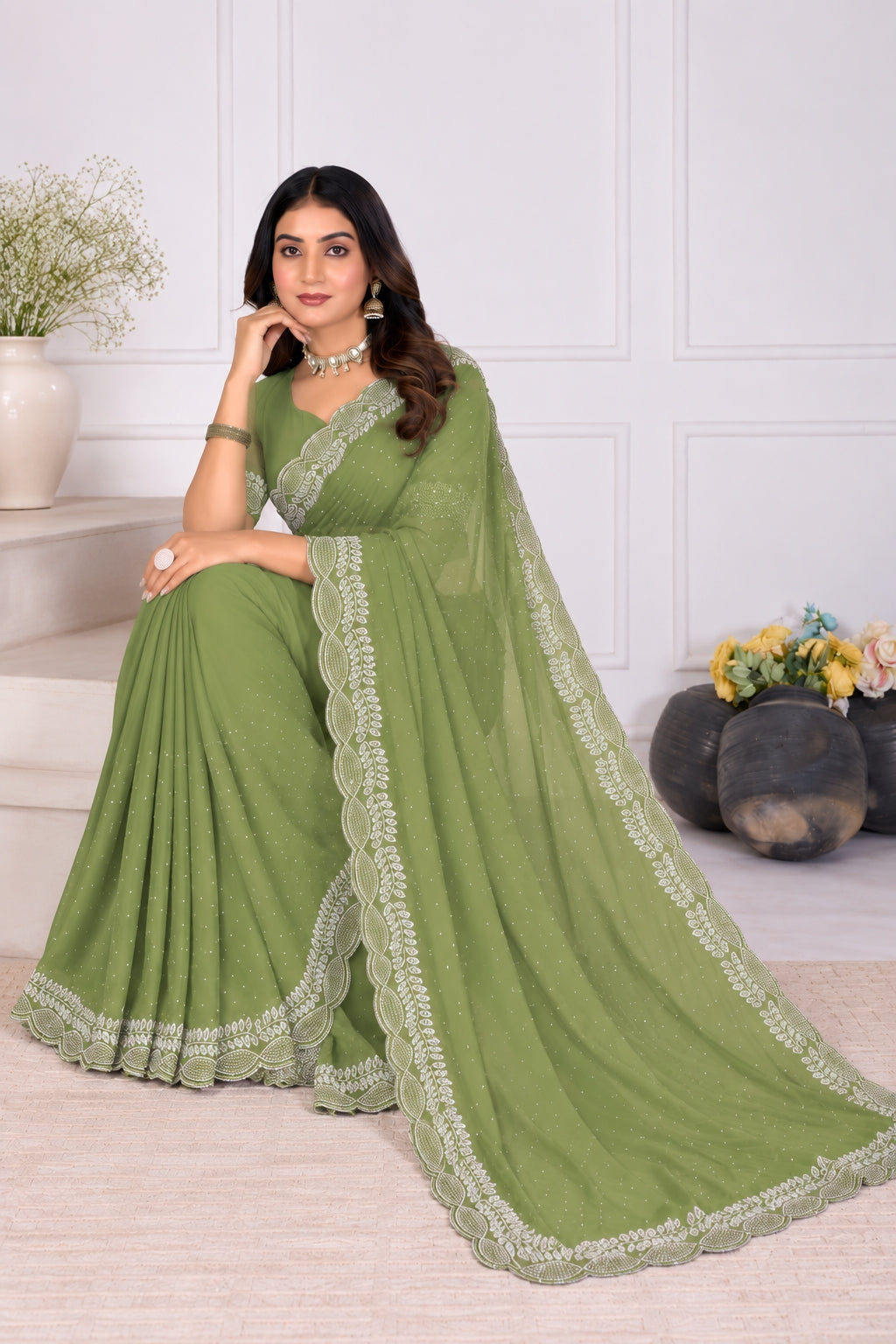 Olive Green Stone Work Georgette Saree with Embroidered Lace Border