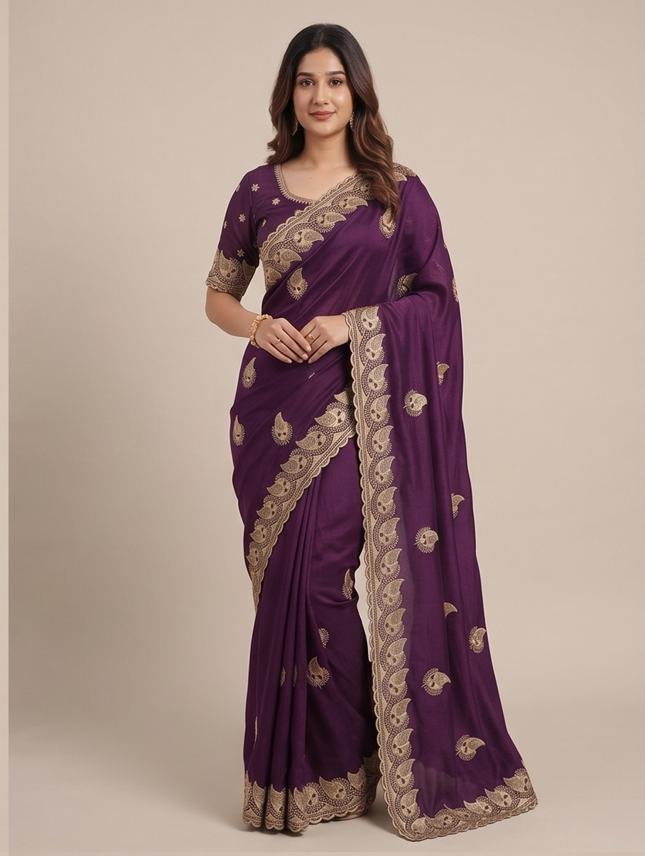 Zegoom Purple Satin Silk Saree with Gold Paisley Embroidery
