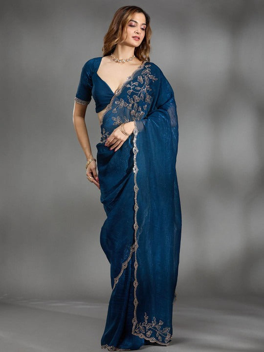 Elegant Blue Saree with Floral Embroidery Border