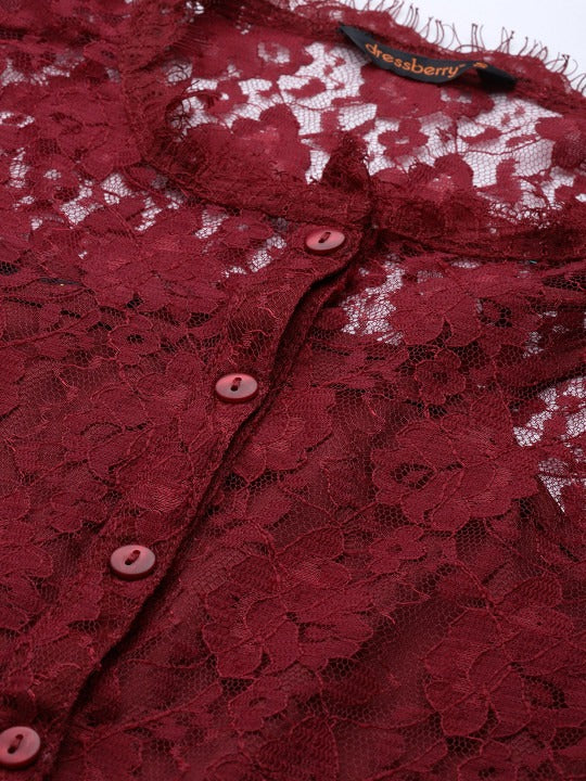 Elegant Burgundy Lace Top with Short Sleeves