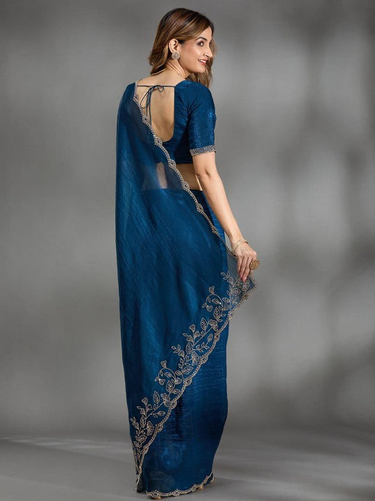 Elegant Blue Saree with Floral Embroidery Border