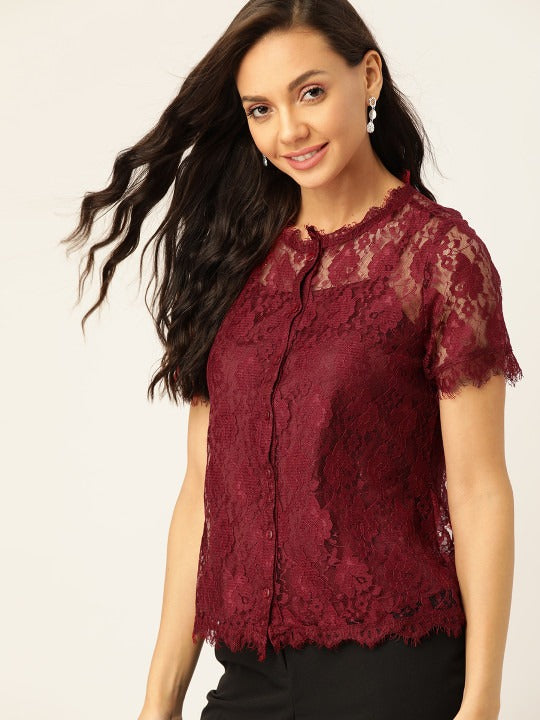 Elegant Burgundy Lace Top with Short Sleeves