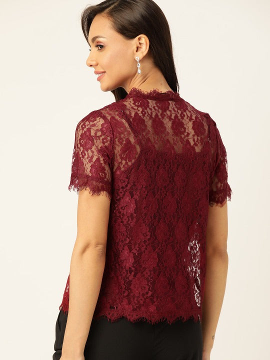 Elegant Burgundy Lace Top with Short Sleeves