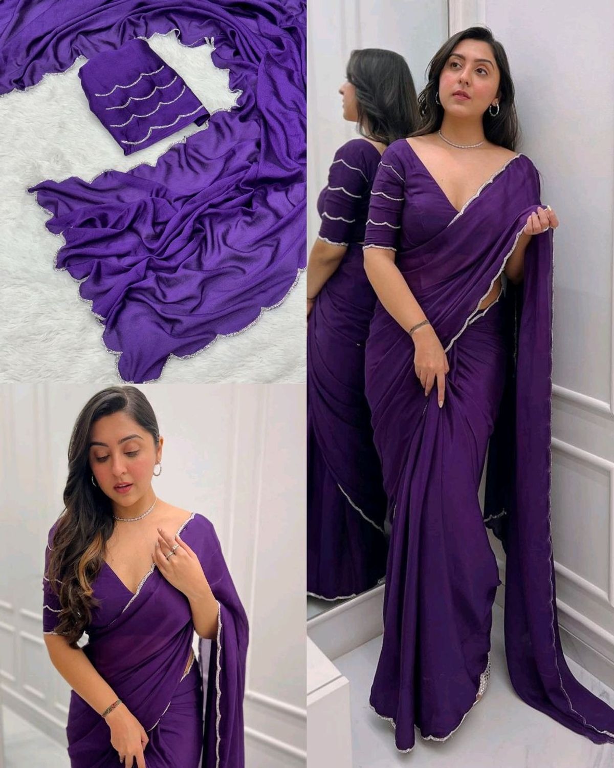 Alluring Designer georgette solid purple laced saree with blouse piece