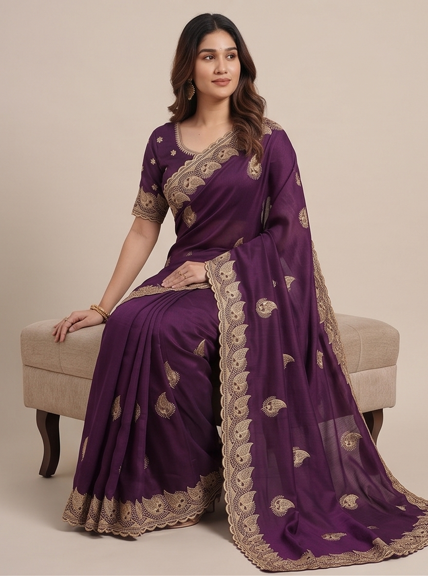 Zegoom Purple Satin Silk Saree with Gold Paisley Embroidery
