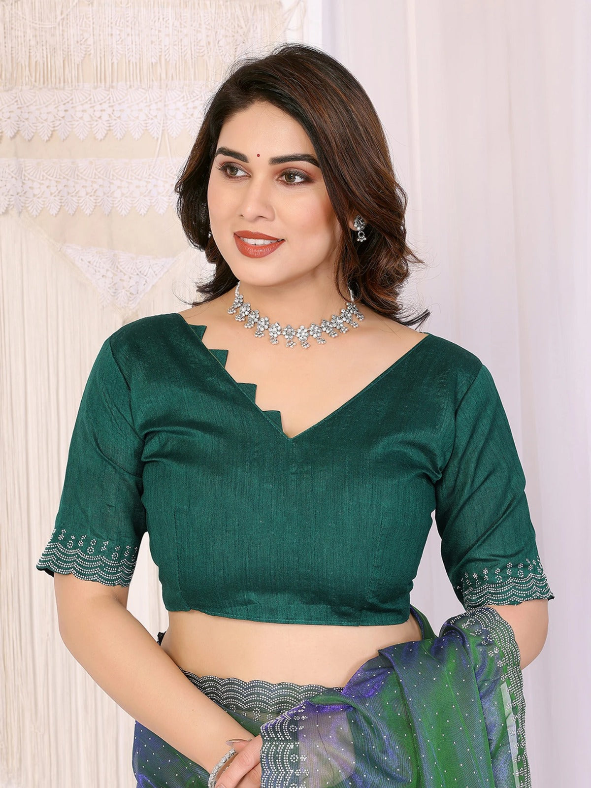 Green Saree with Silver Embroidery Border