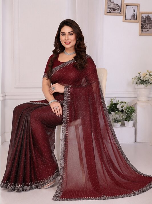 Maroon Saree with Silver Embroidery Border