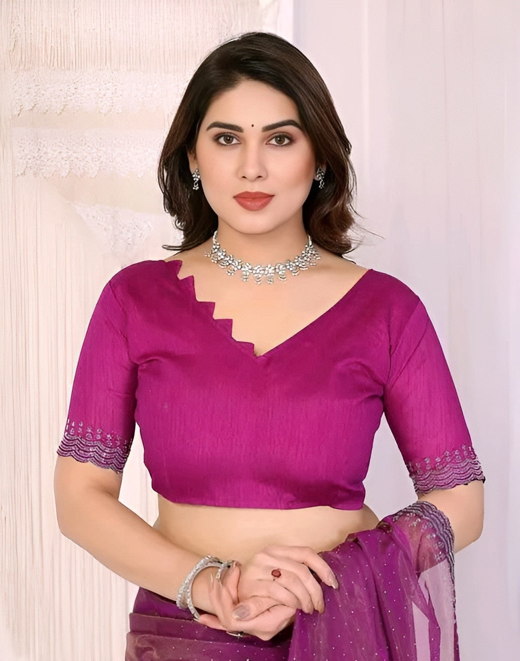 Purple Saree with Silver Embroidery Border