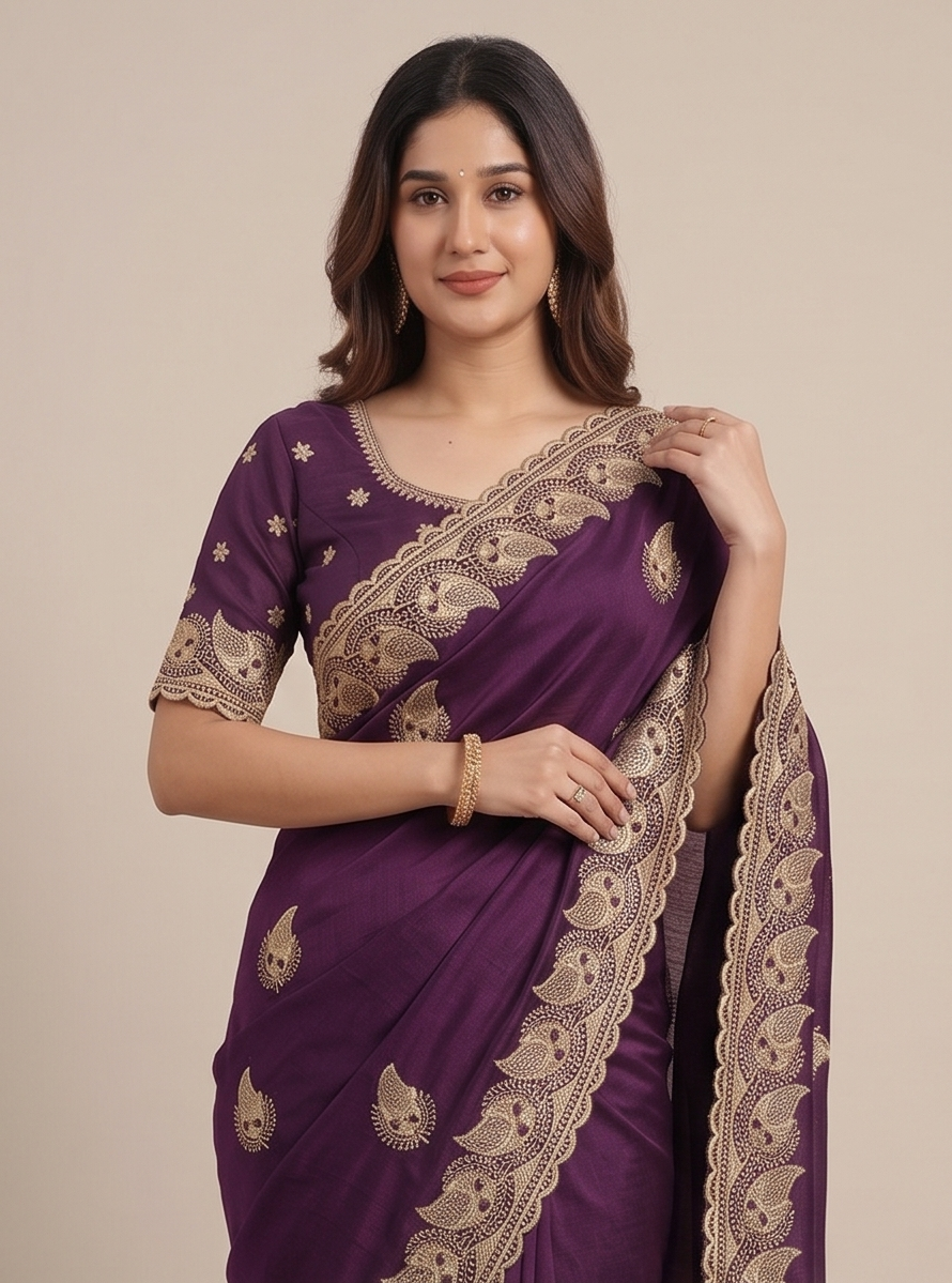 Zegoom Purple Satin Silk Saree with Gold Paisley Embroidery