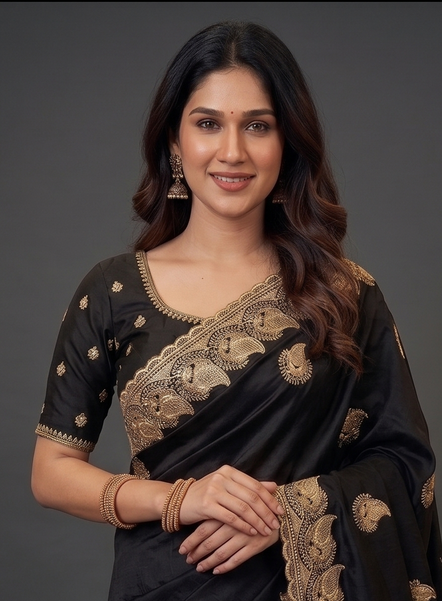 Zegoom Black Satin Silk Saree with Gold Paisley Embroidery