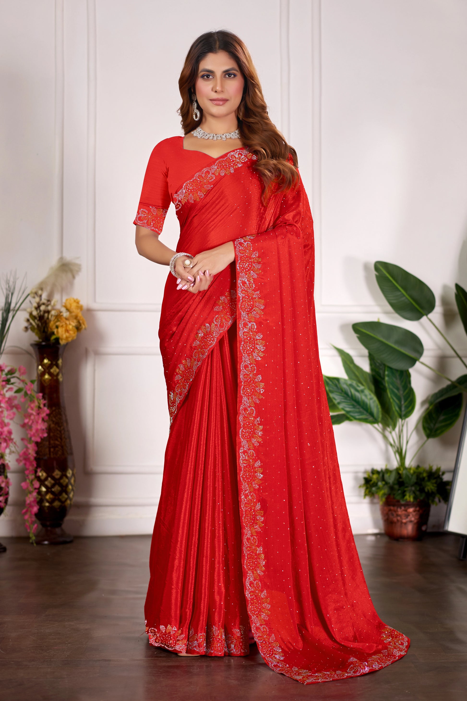 Designer Diamond Work Saree with Embroidered Border & Matching Blouse