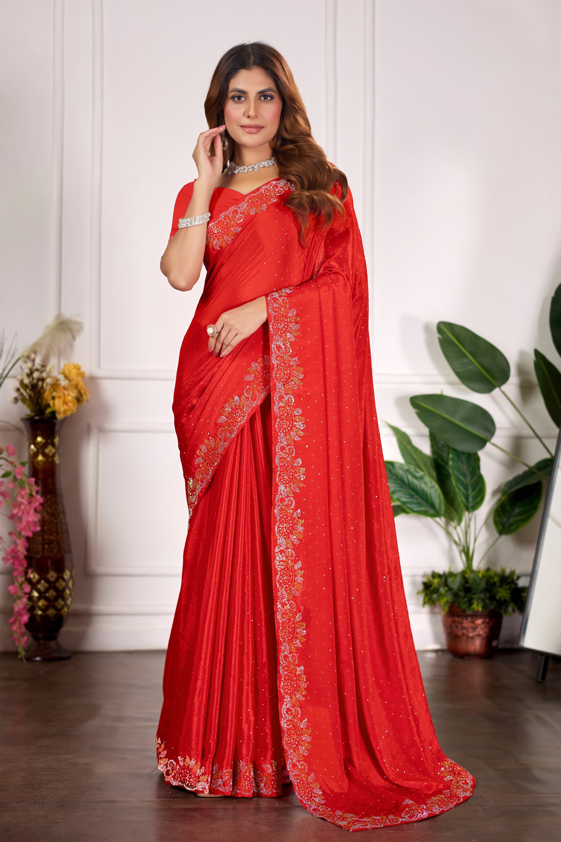 Designer Diamond Work Saree with Embroidered Border & Matching Blouse