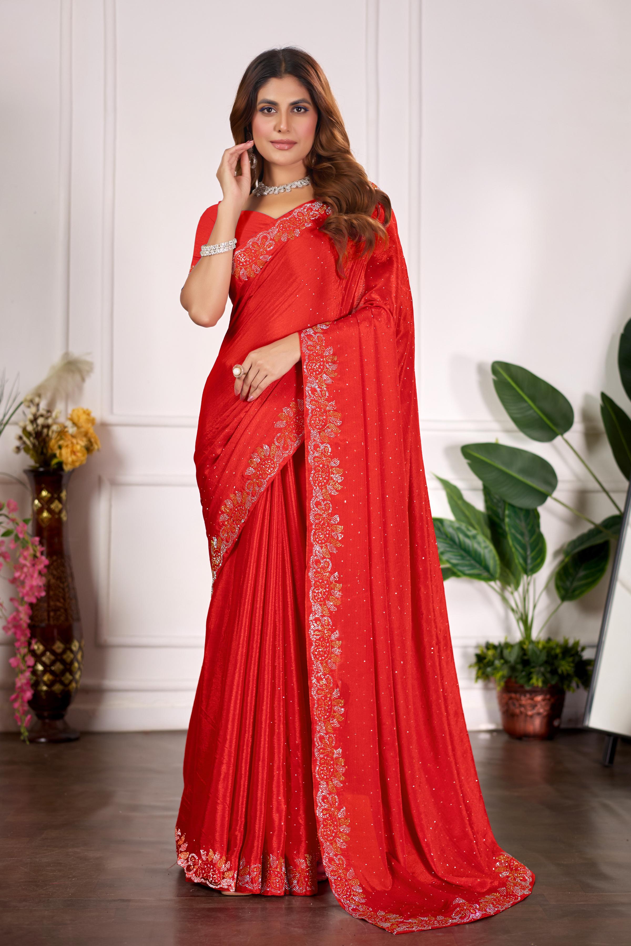 Red Diamond Work Georgette Designer Saree