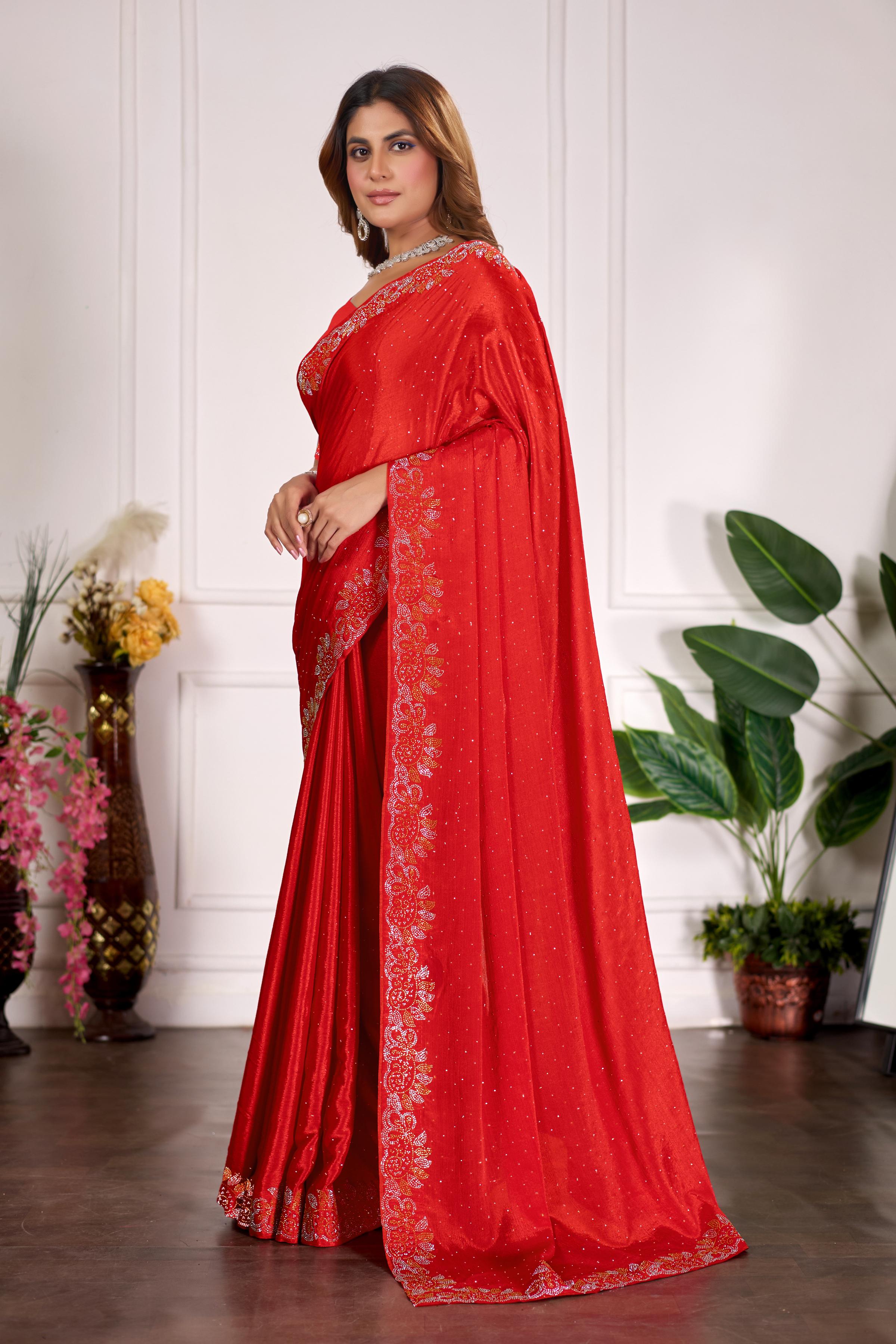 Red Diamond Work Georgette Designer Saree