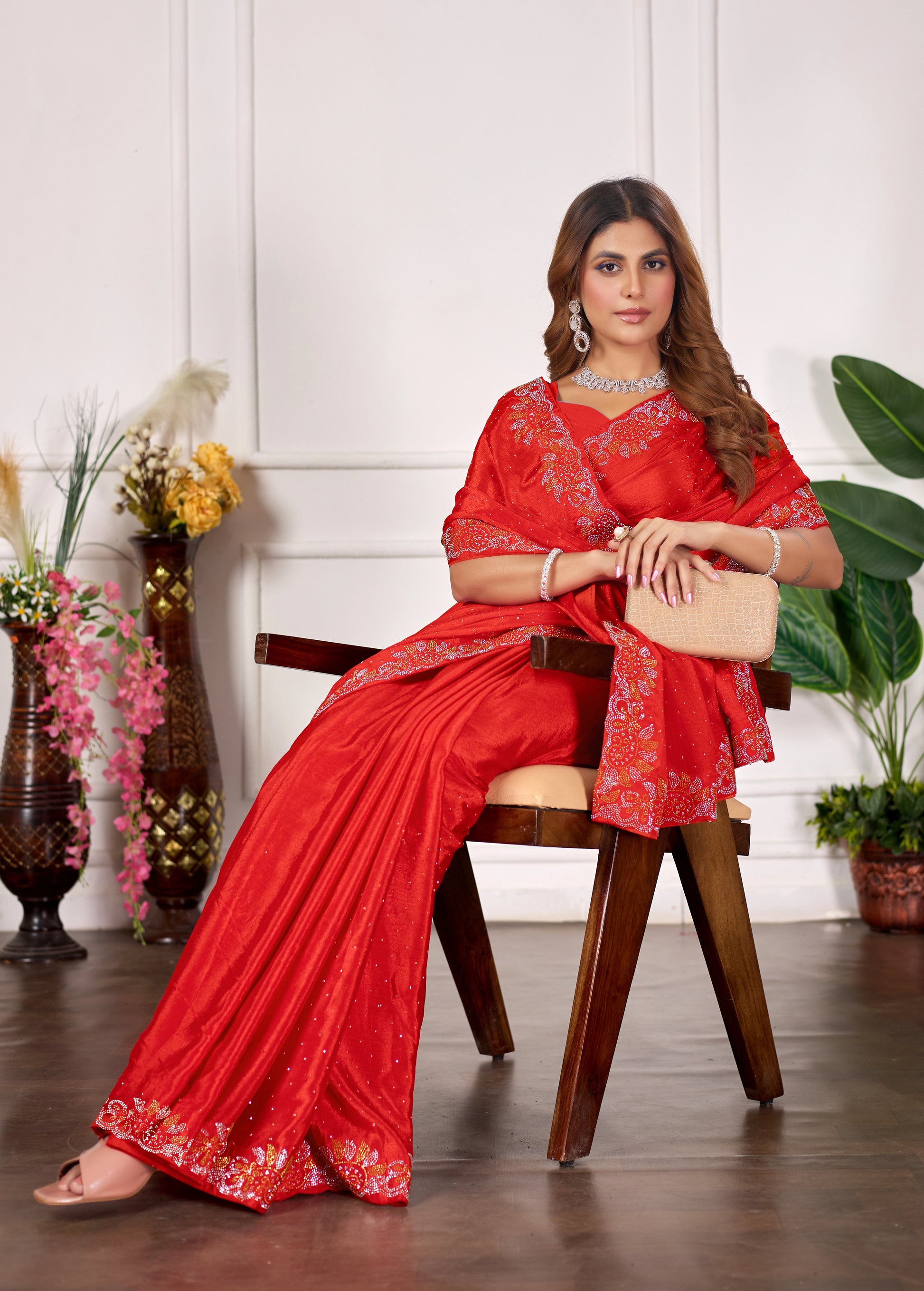 Designer Diamond Work Saree with Embroidered Border & Matching Blouse