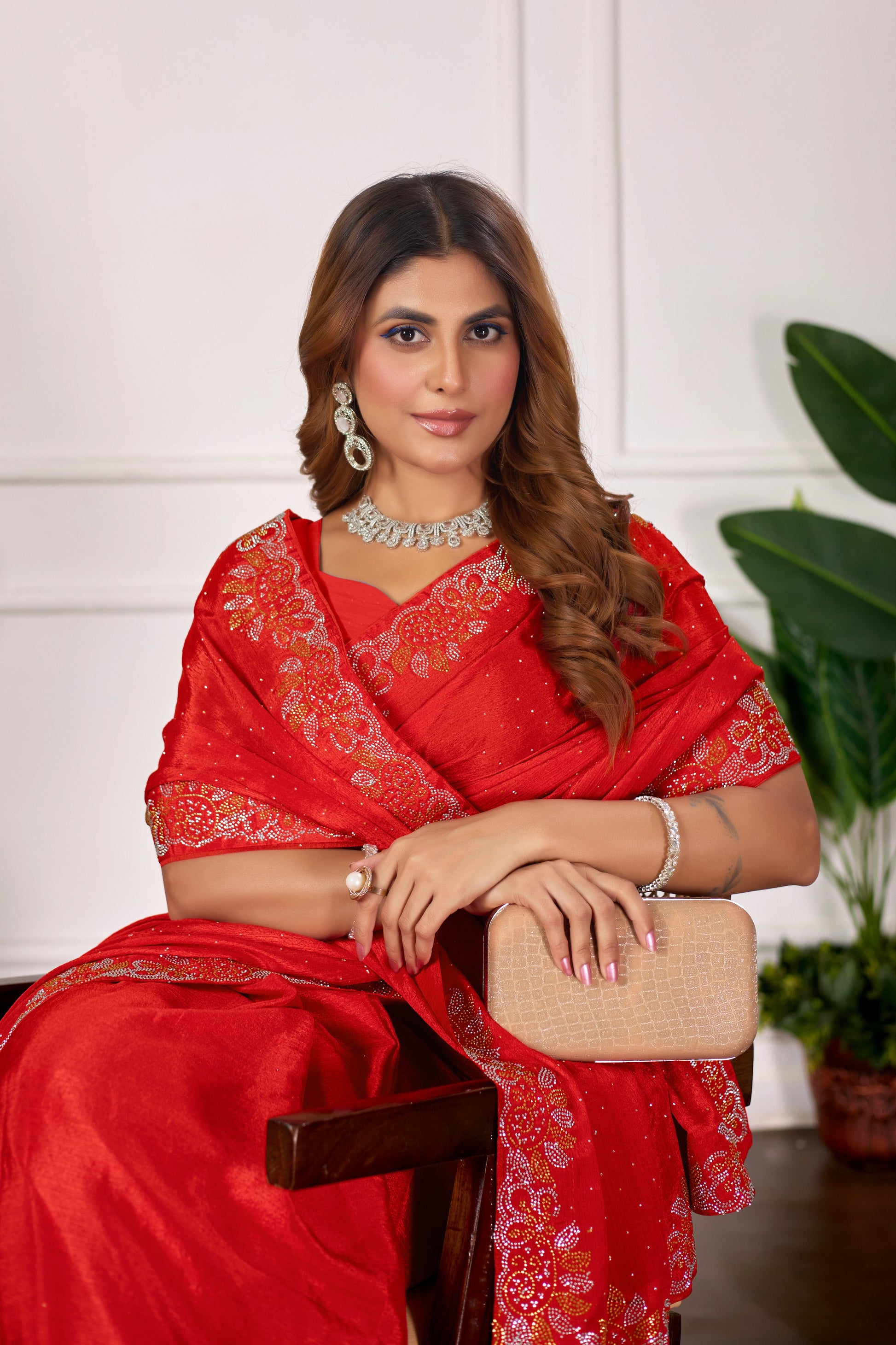 Designer Diamond Work Saree with Embroidered Border & Matching Blouse