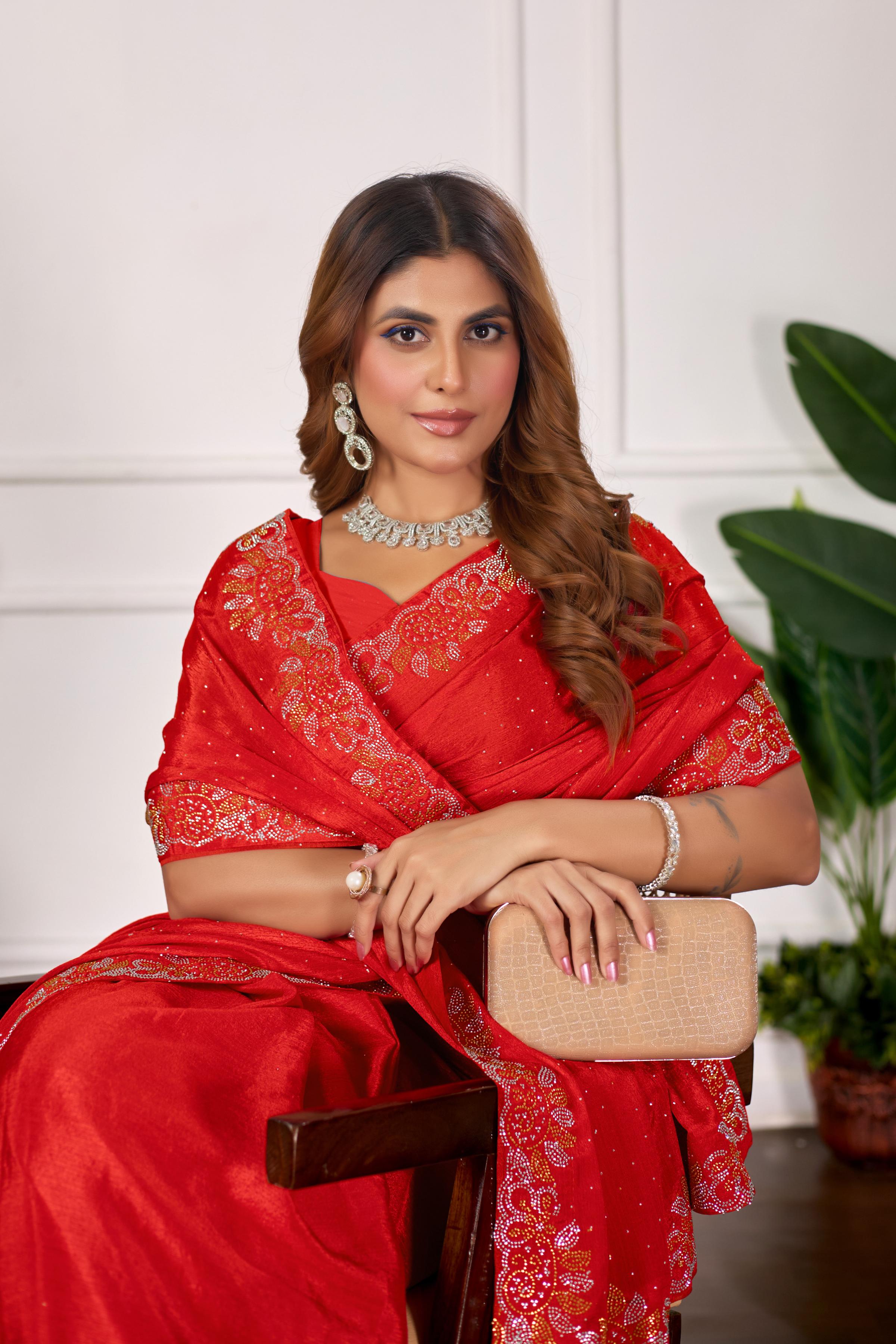 Red Diamond Work Georgette Designer Saree