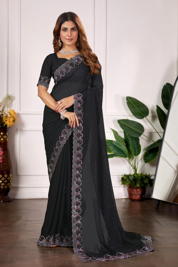 Black Heart Border Diamond Work Chiffon Saree