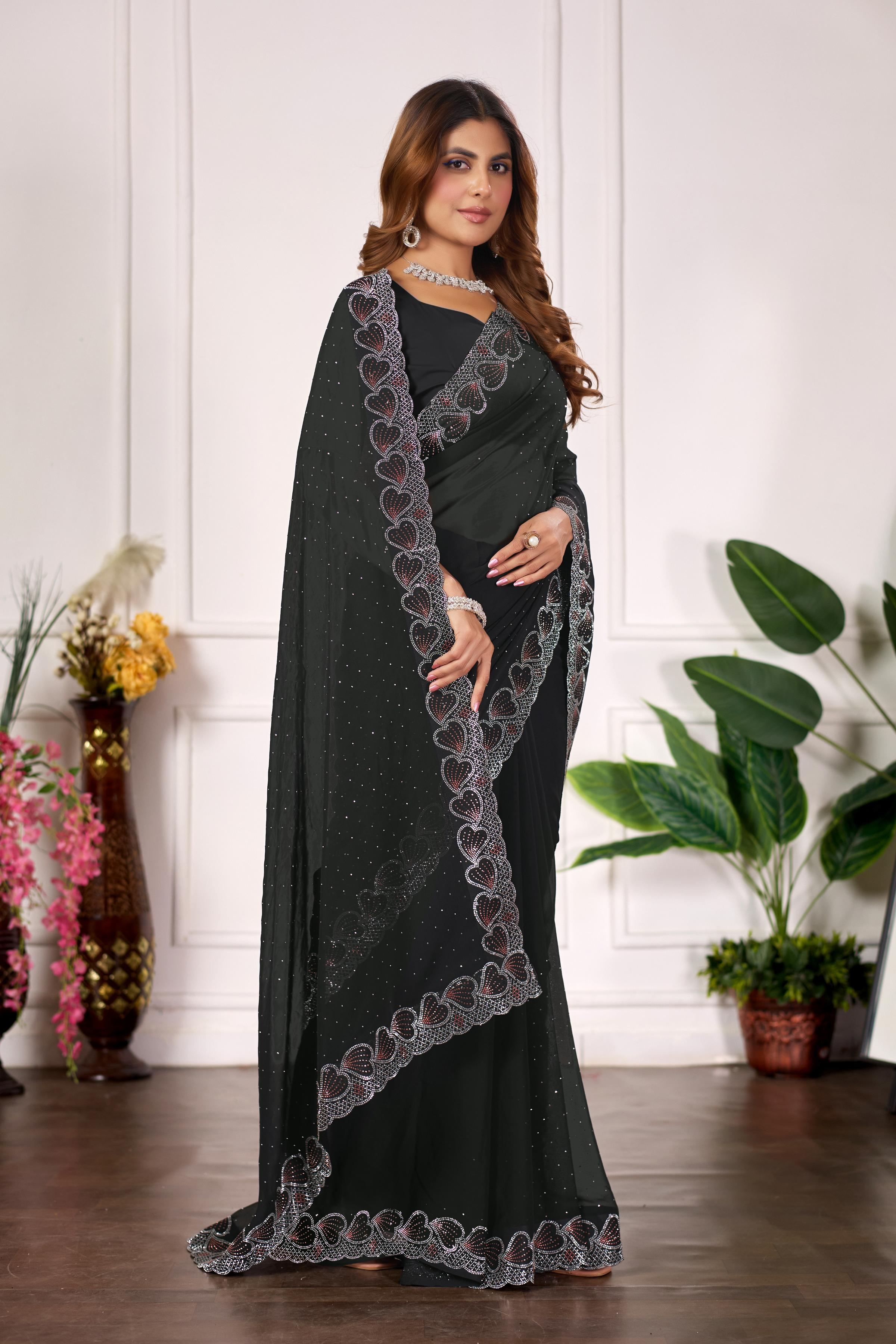 Black Heart Border Diamond Work Chiffon Saree