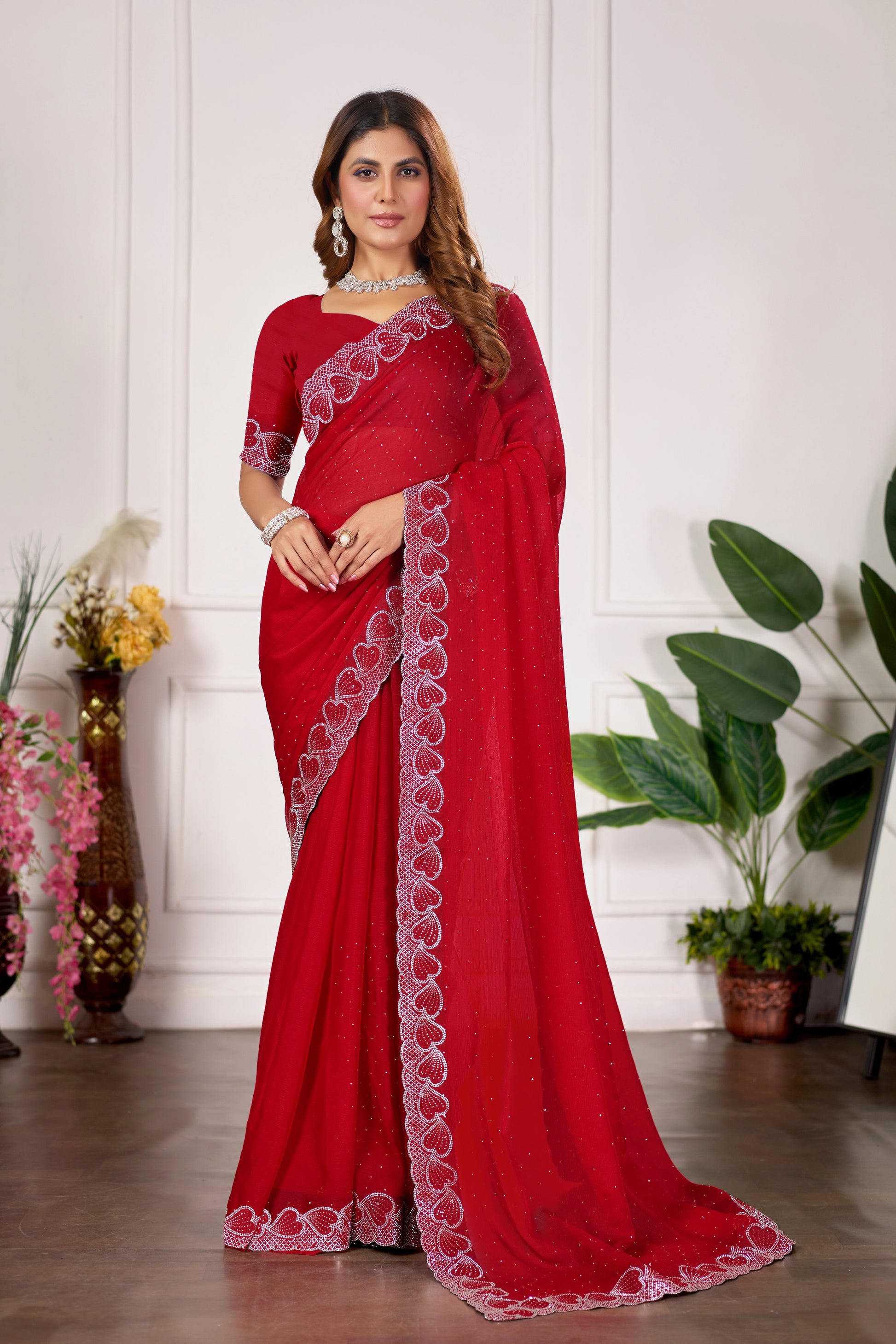 Designer Diamond Work Saree with Embroidered Border & Matching Blouse