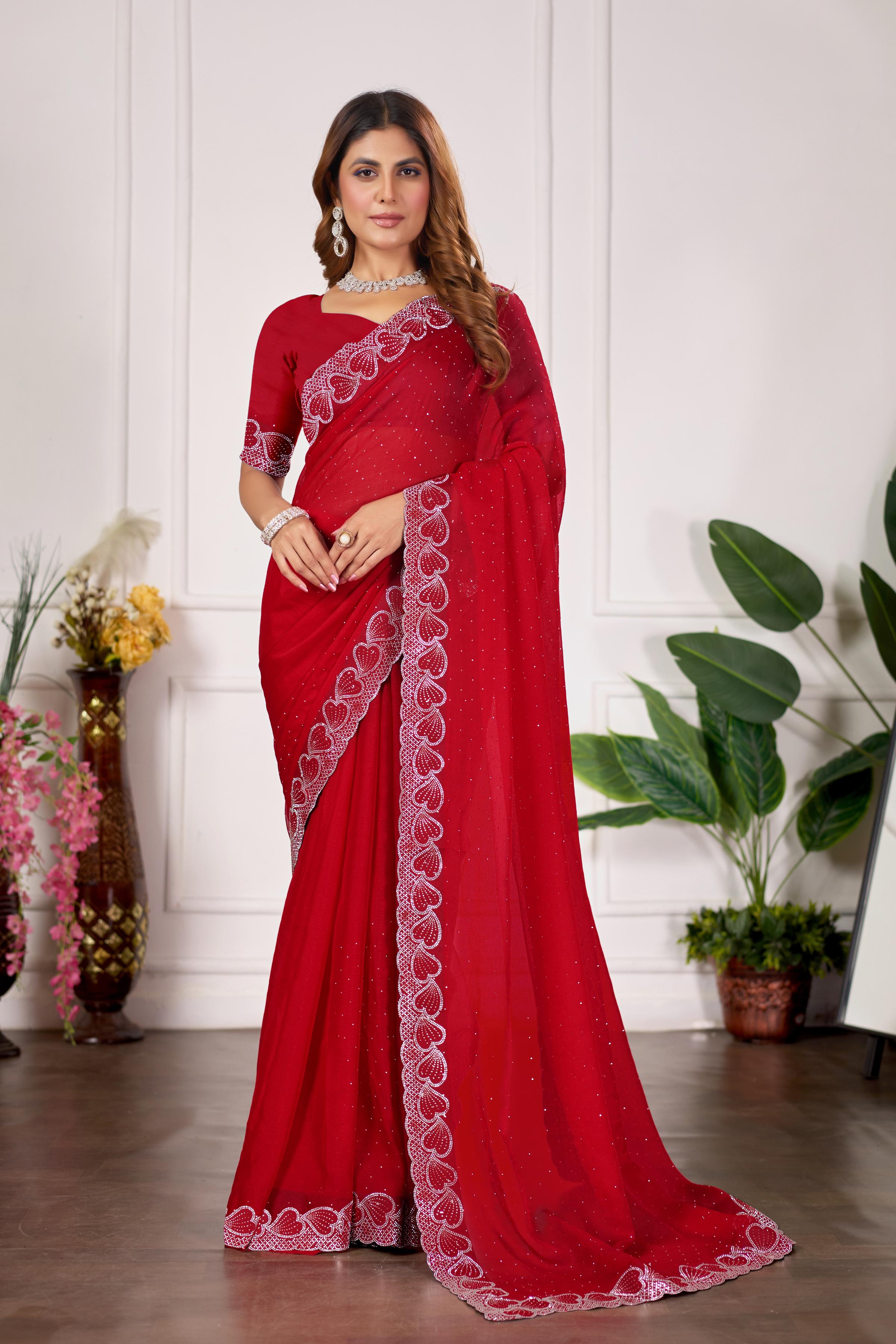 Red Heart Border Diamond Work Chiffon Saree