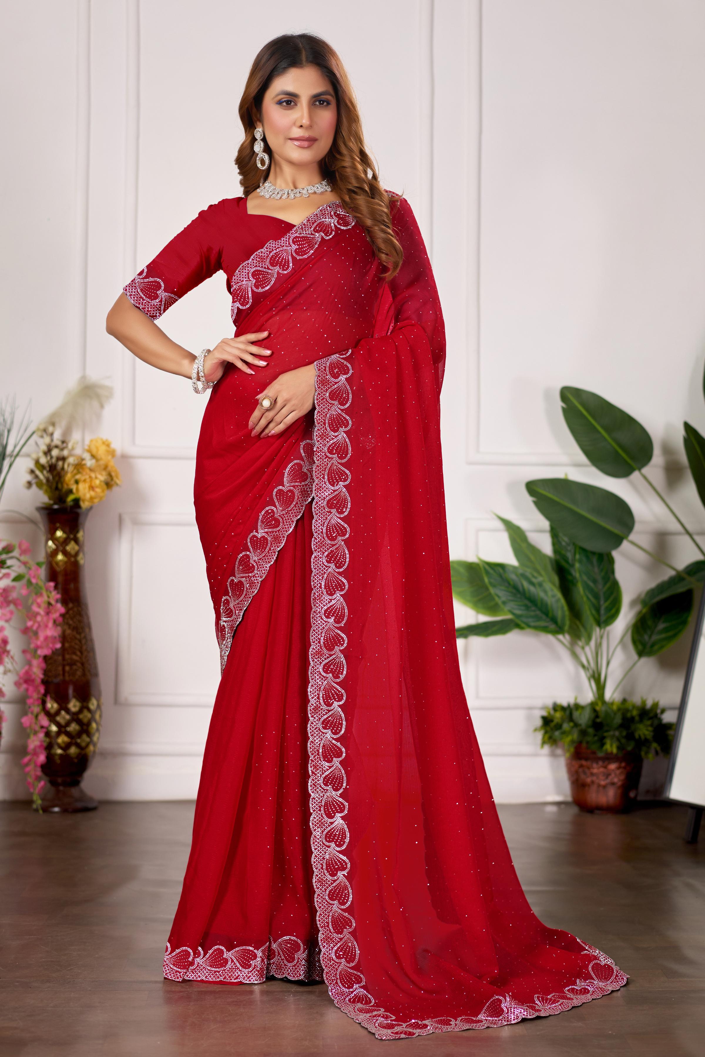 Red Heart Border Diamond Work Chiffon Saree