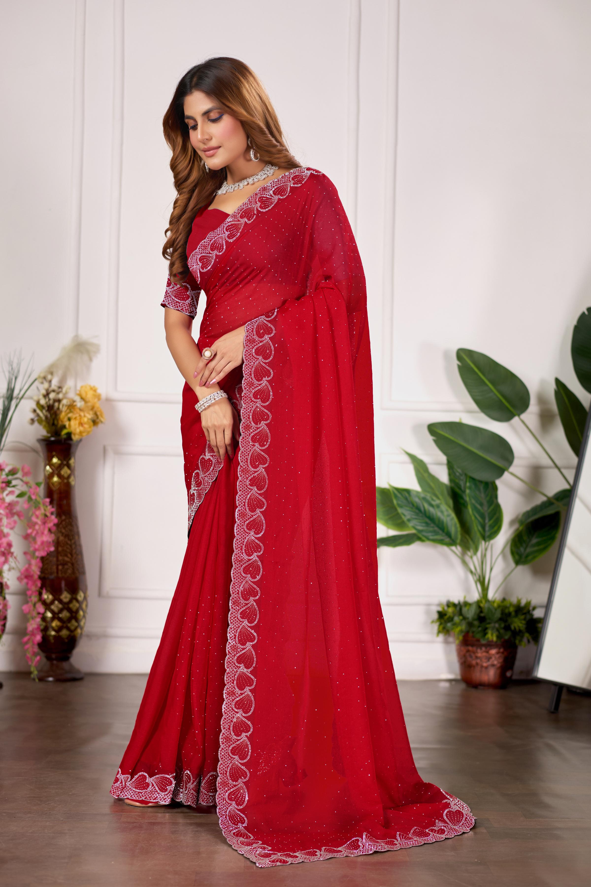 Red Heart Border Diamond Work Chiffon Saree