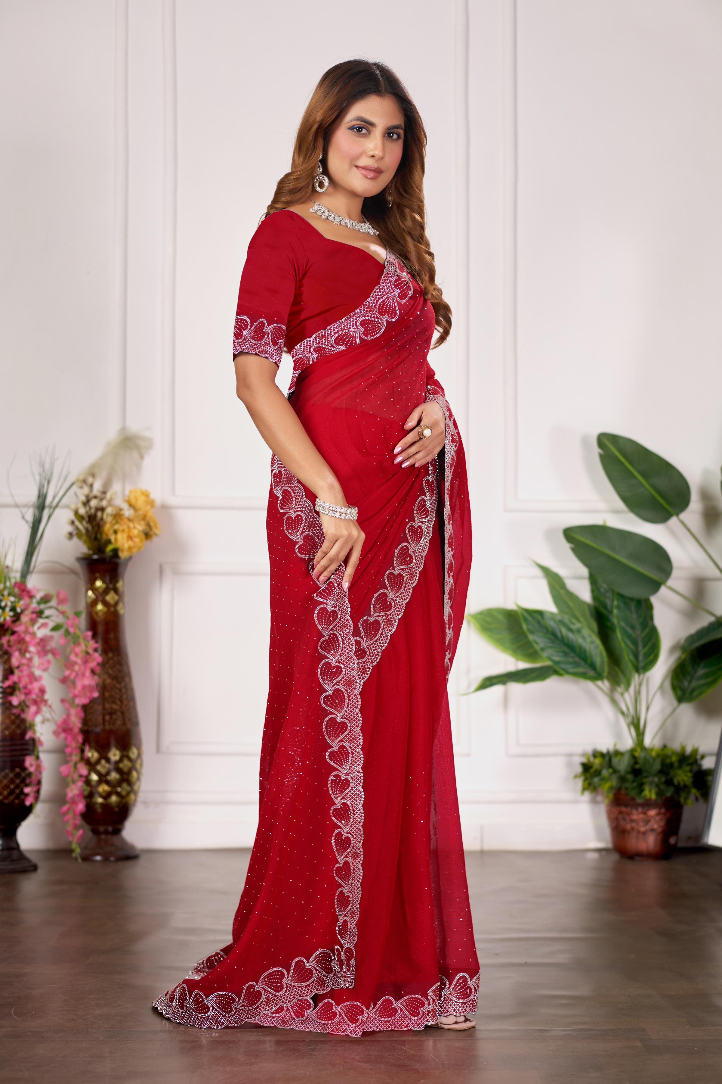 Red Heart Border Diamond Work Chiffon Saree