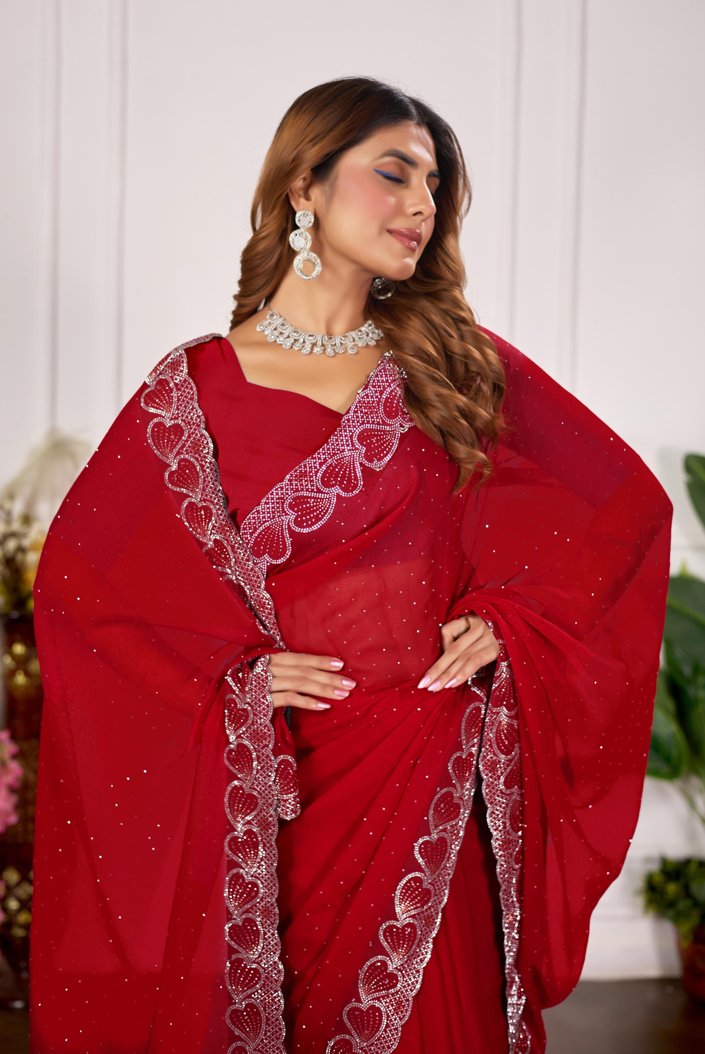 Red Heart Border Diamond Work Chiffon Saree