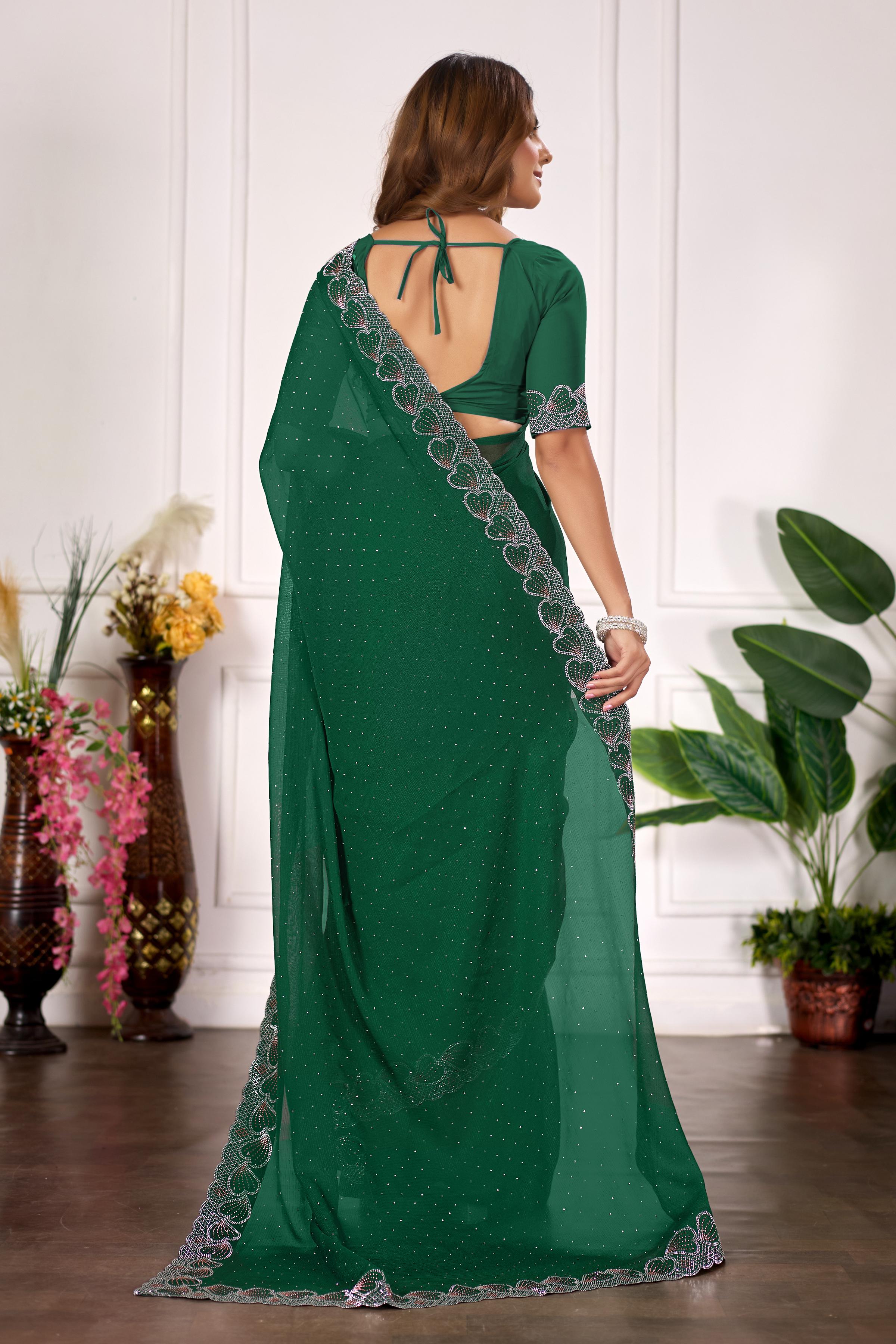 Bottle Green Heart Border Diamond Work Chiffon Saree