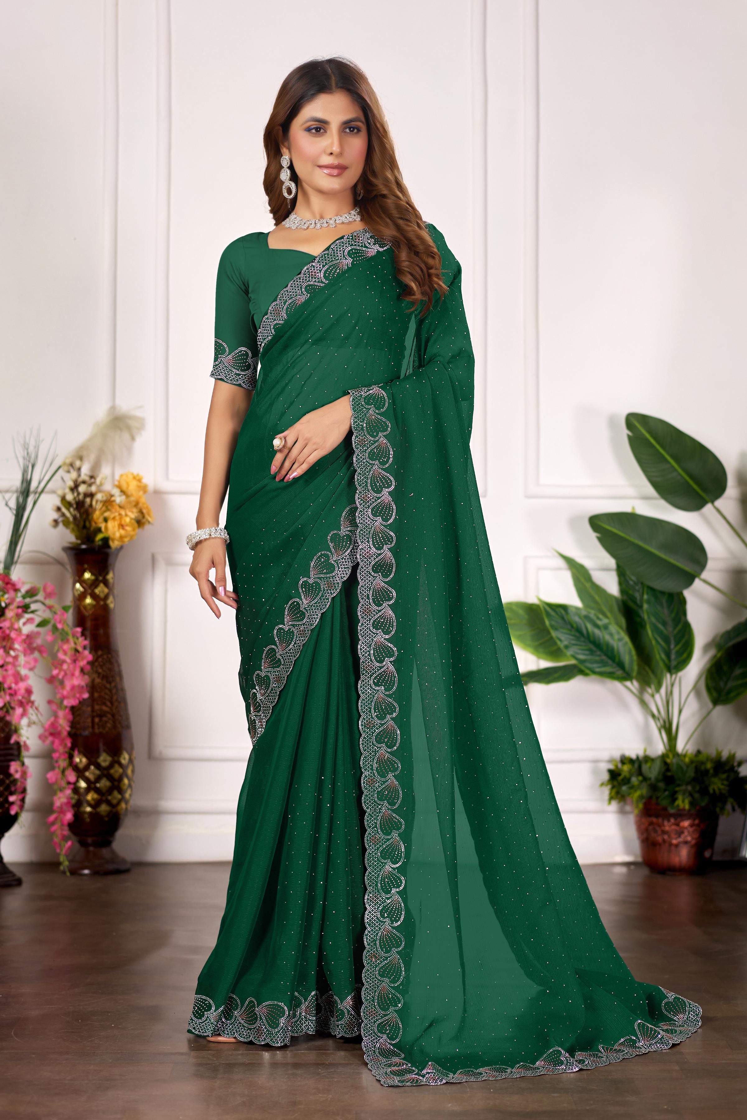 Bottle Green Heart Border Diamond Work Chiffon Saree