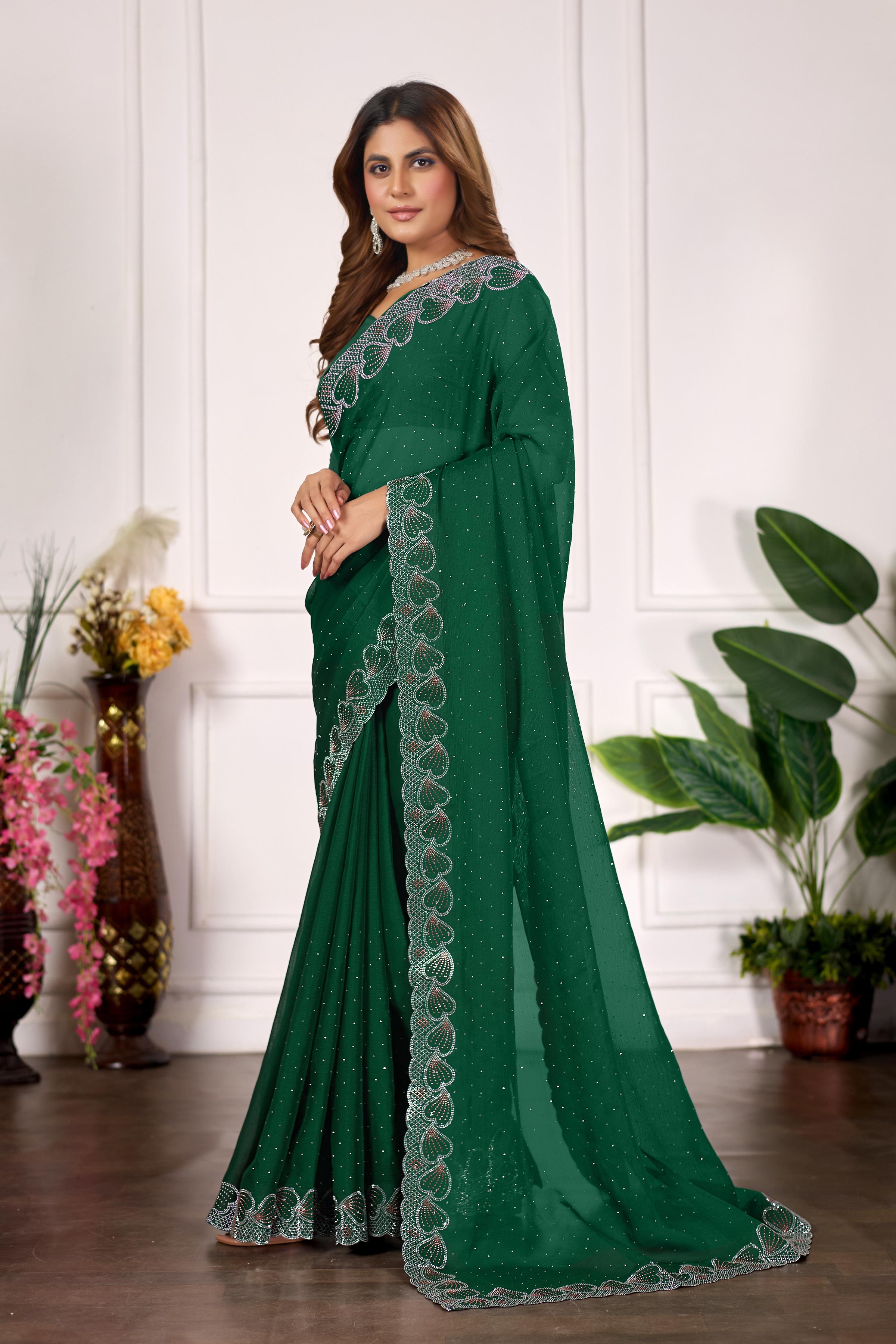 Bottle Green Heart Border Diamond Work Chiffon Saree