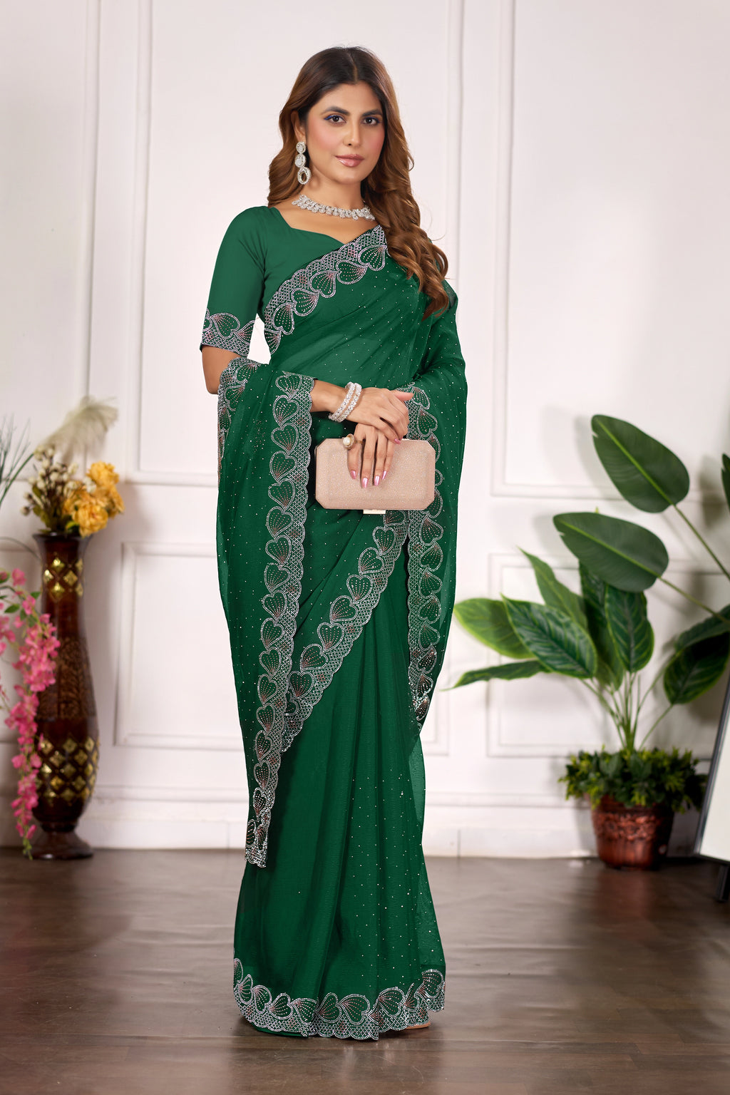 Designer Diamond Work Saree with Embroidered Border & Matching Blouse