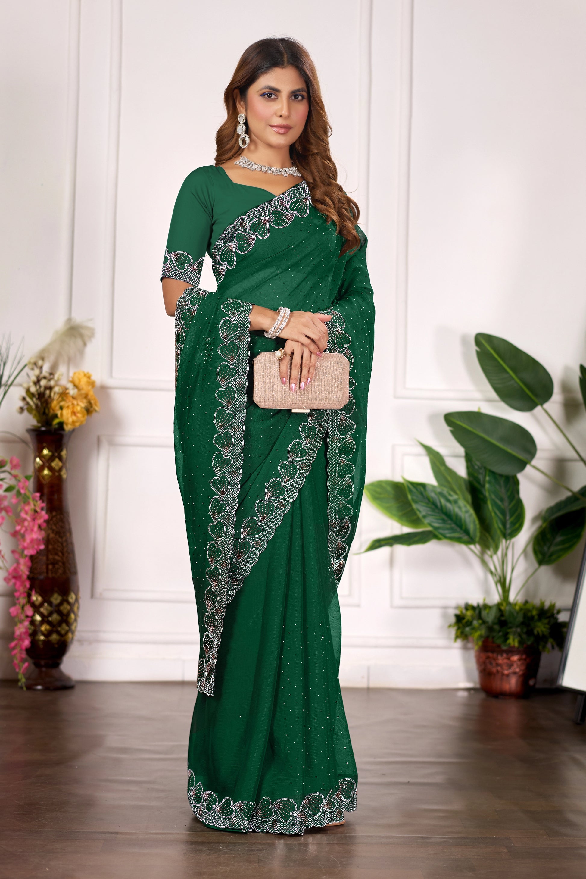Designer Diamond Work Saree with Embroidered Border & Matching Blouse