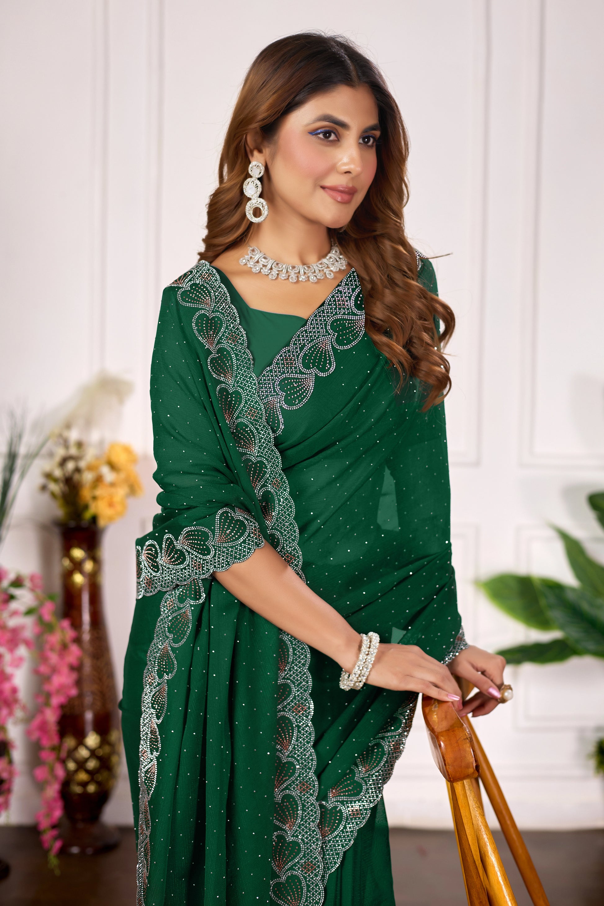 Designer Diamond Work Saree with Embroidered Border & Matching Blouse