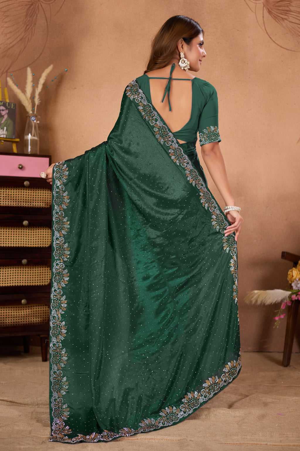 Designer Diamond Work Saree with Embroidered Border & Matching Blouse