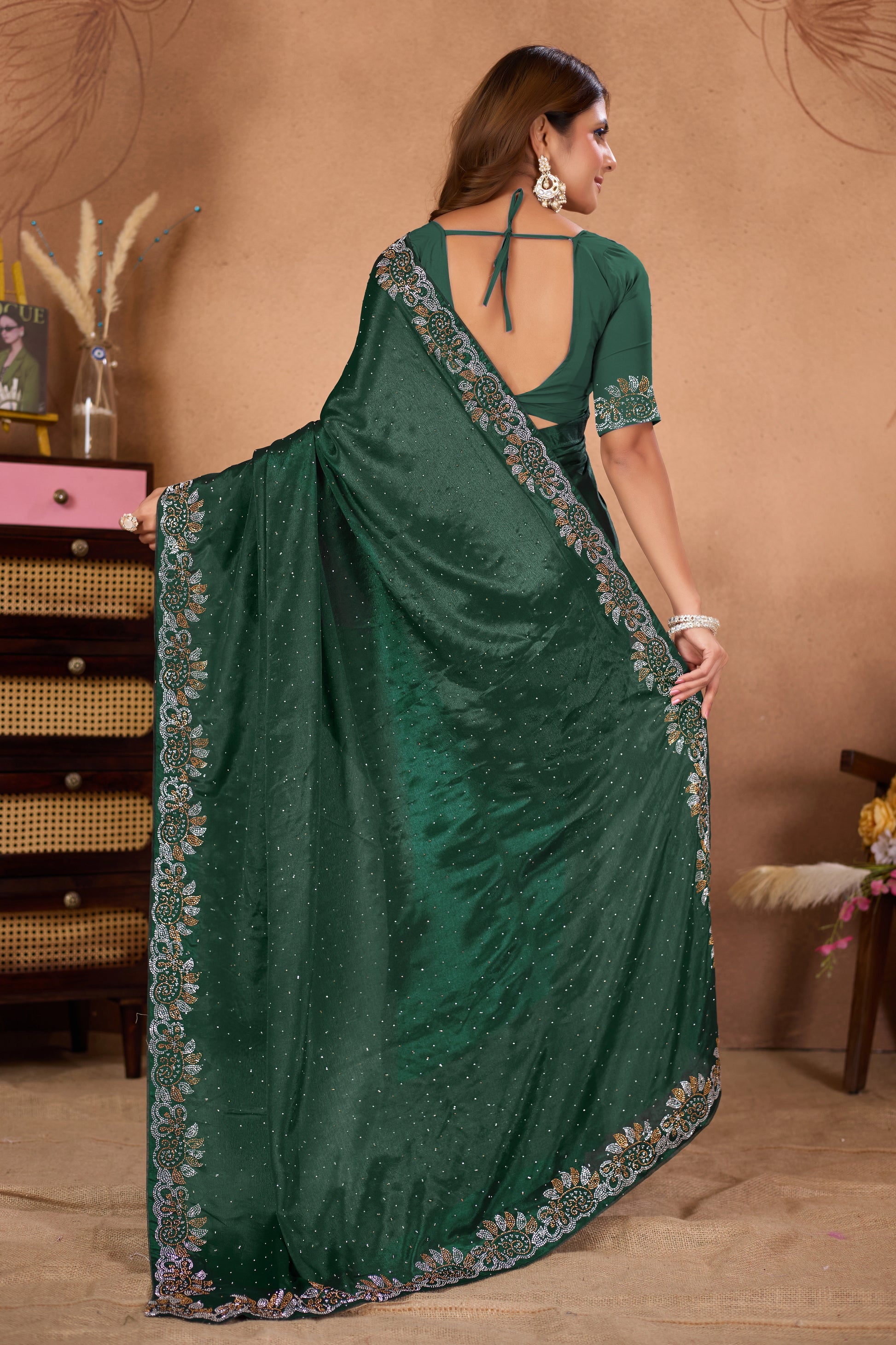Designer Diamond Work Saree with Embroidered Border & Matching Blouse