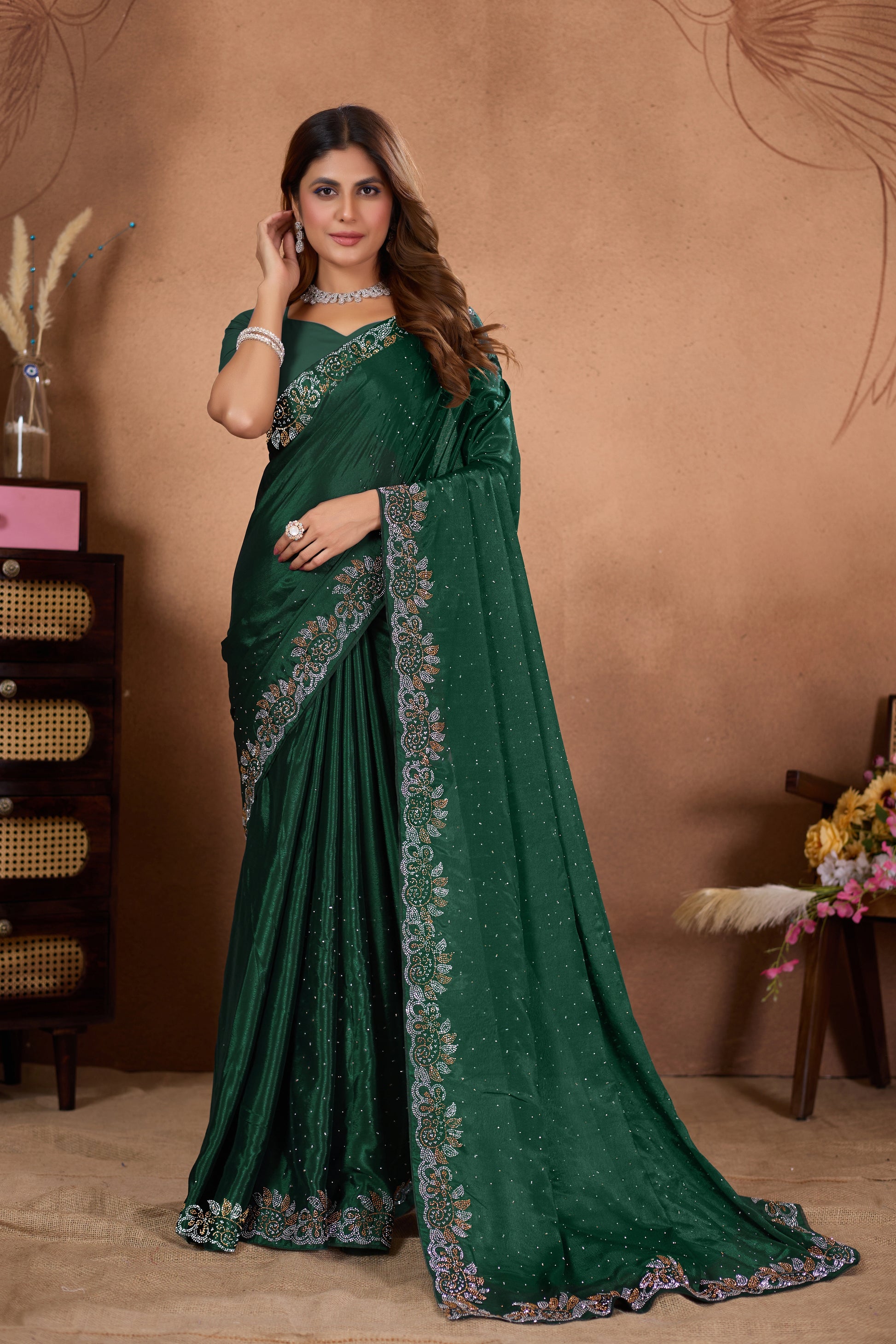 Designer Diamond Work Saree with Embroidered Border & Matching Blouse