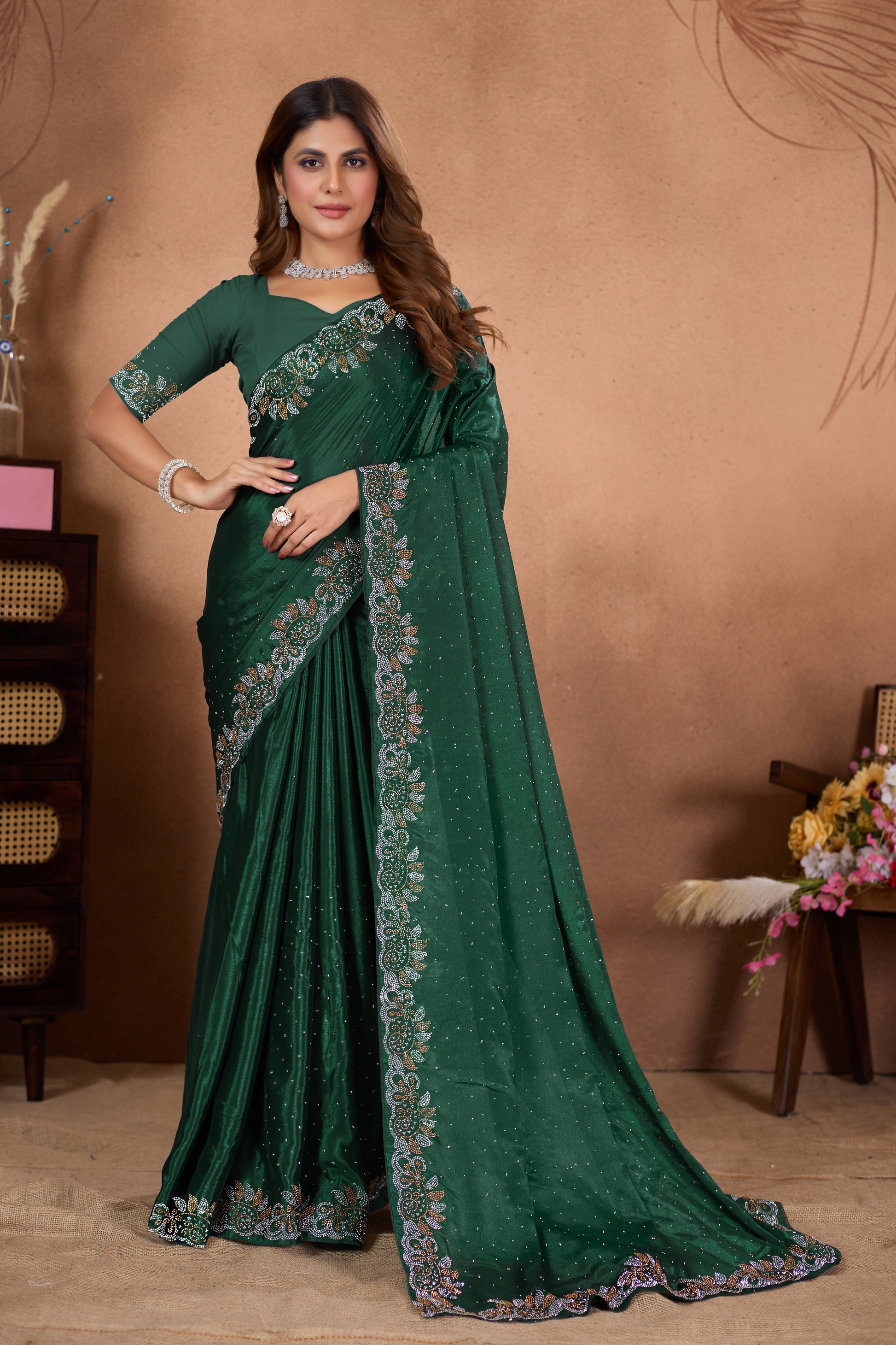 Designer Diamond Work Saree with Embroidered Border & Matching Blouse