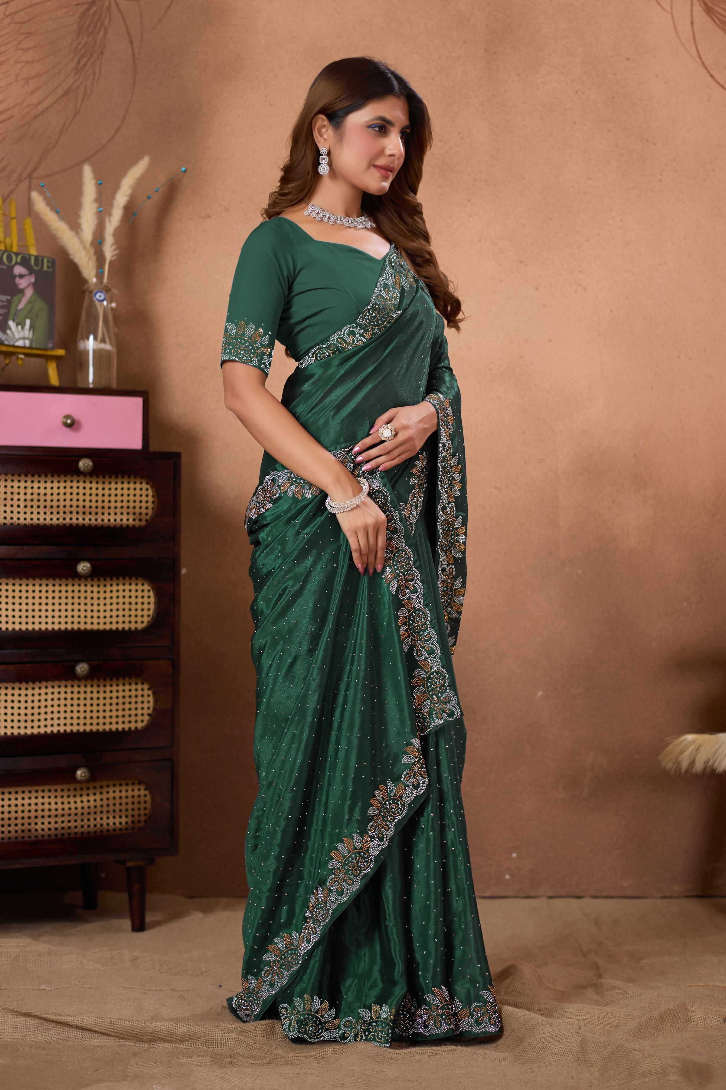 Bottle Green Diamond Work Georgette Designer Saree