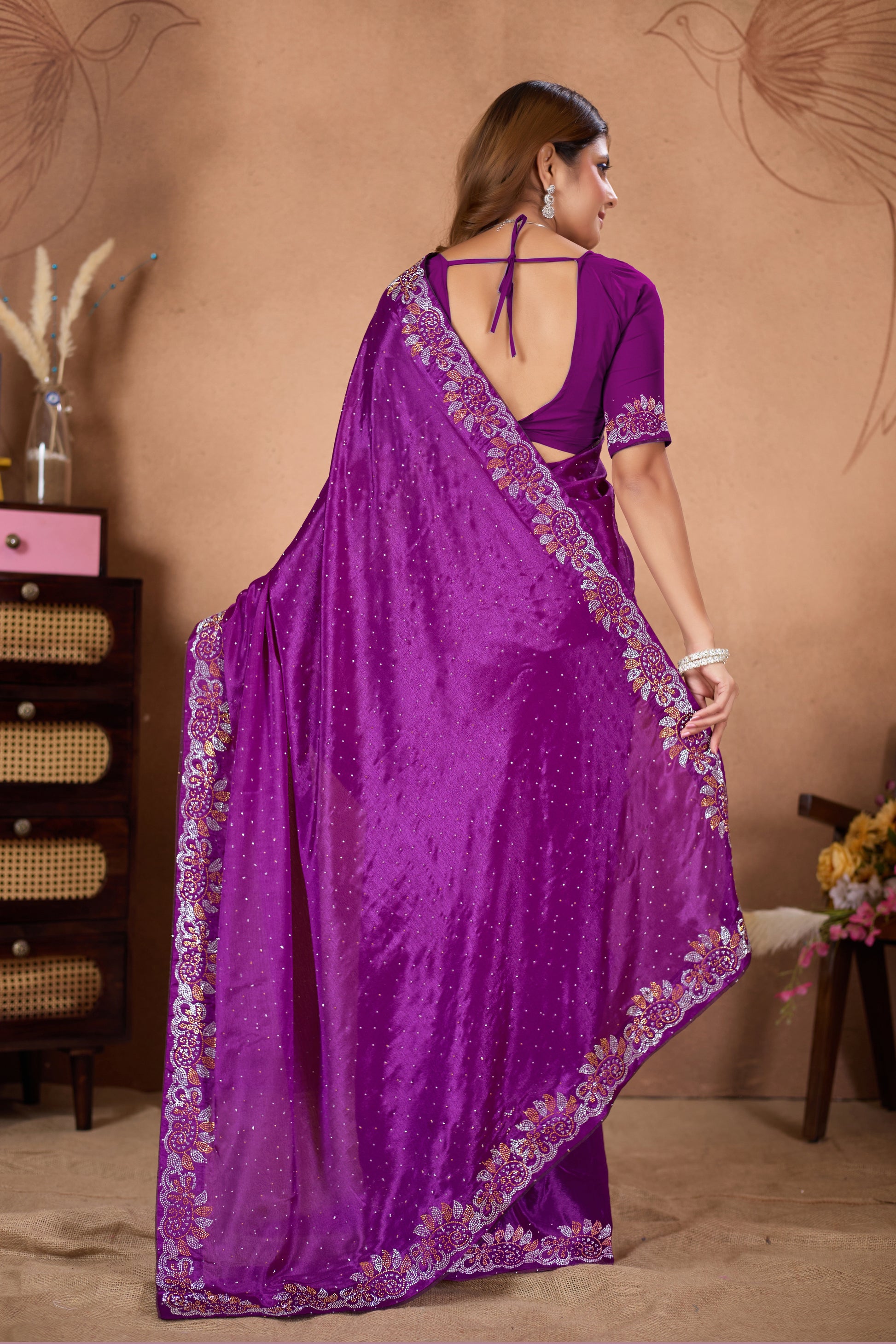 Designer Diamond Work Saree with Embroidered Border & Matching Blouse